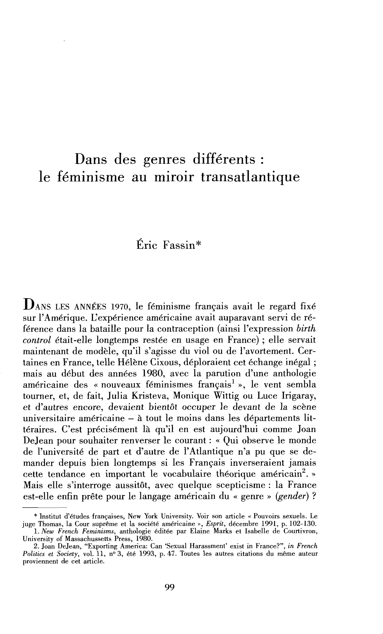 Dans des genres différents : le féminisme au miroir transatlantique