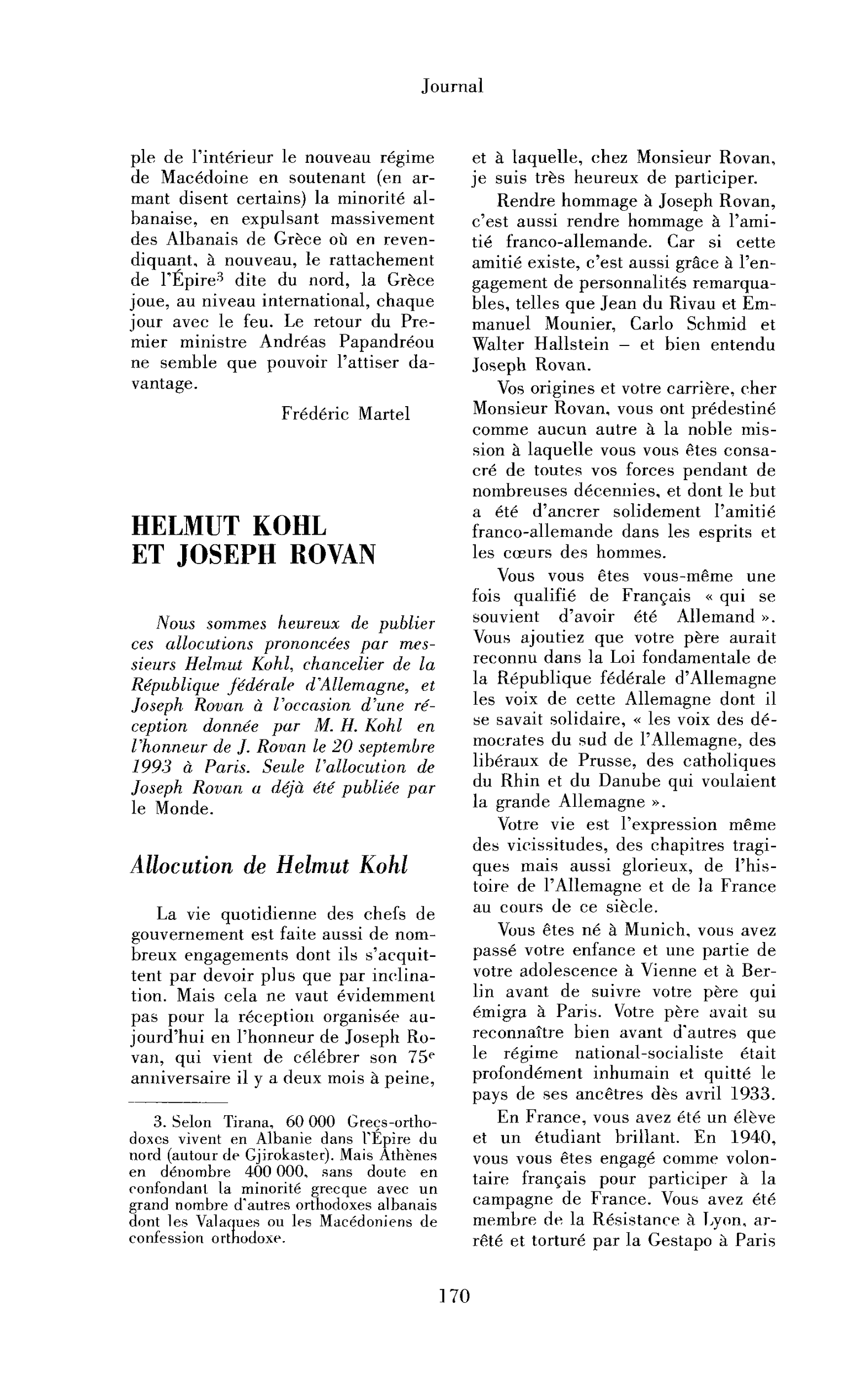 Allocutions (réception en l’honneur de J. Rovan)