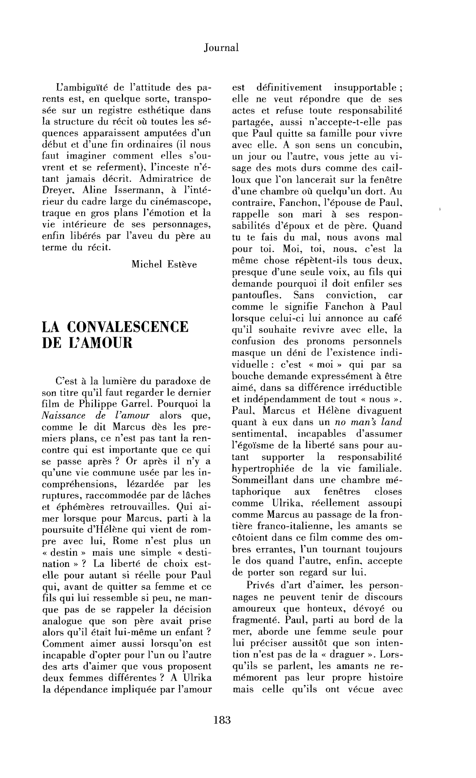 La convalescence de l’amour
