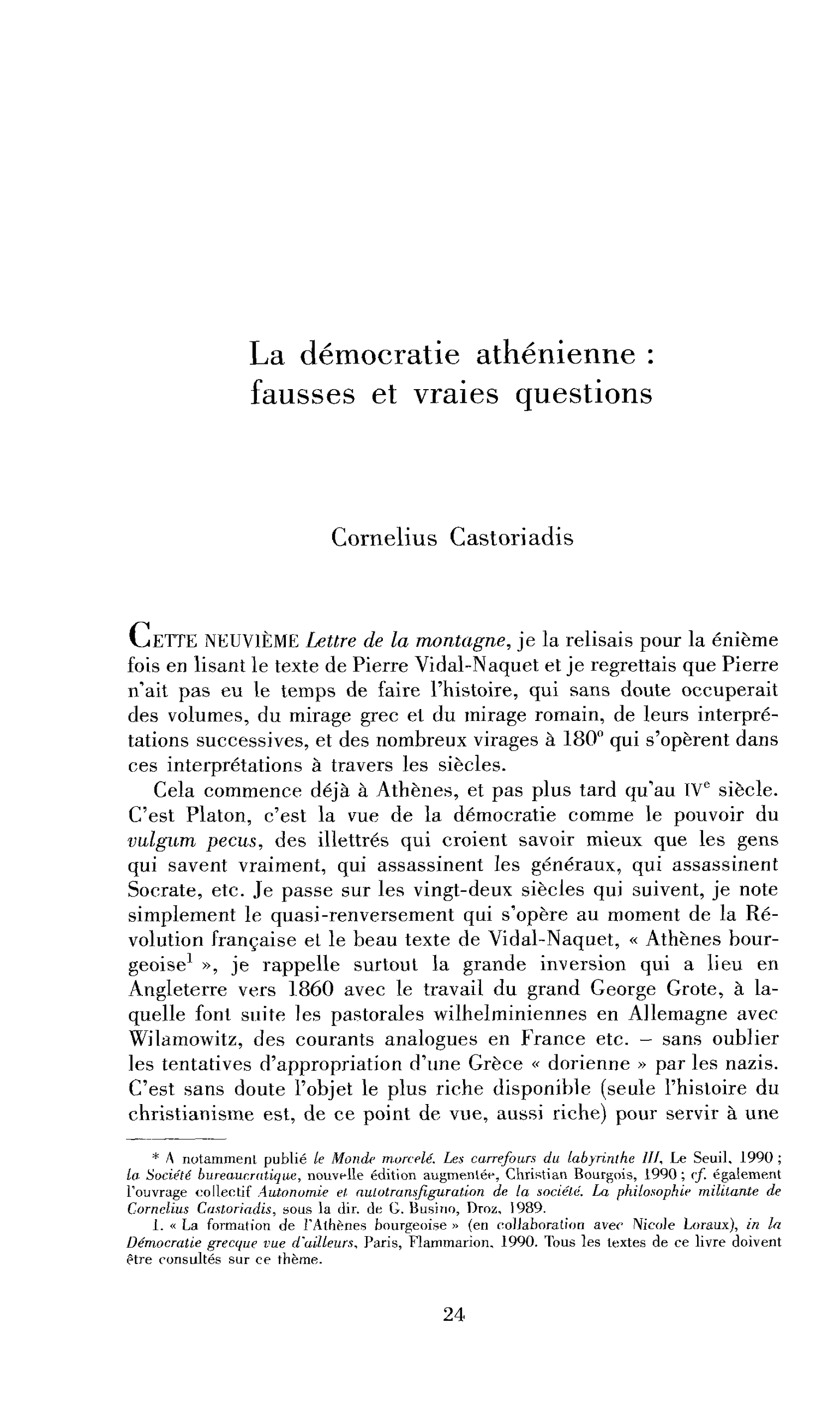 Castoriadis | La démocratie athénienne : fausses et vraies questions