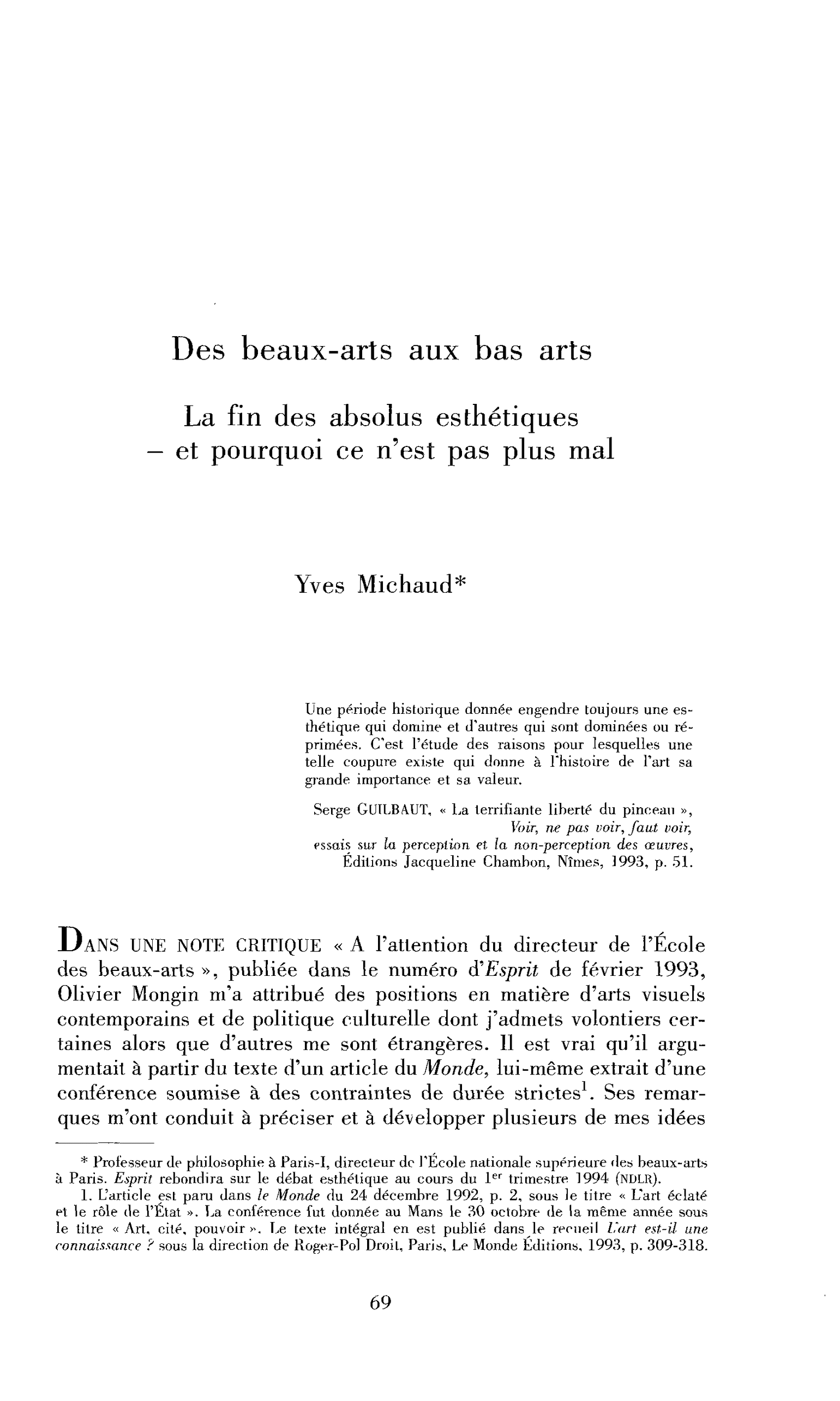Des beaux-arts aux bas arts. La fin des absolus esthétiques   et pourquoi ce n’est pas plus mal