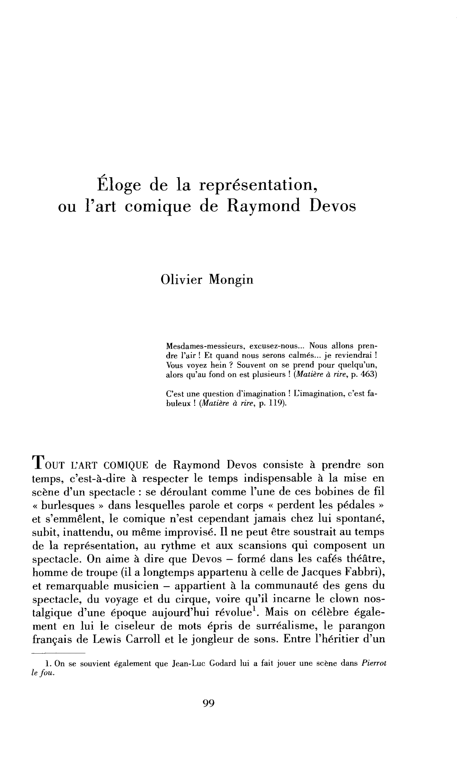 Éloge de la représentation, ou l’art comique de Raymond Devos