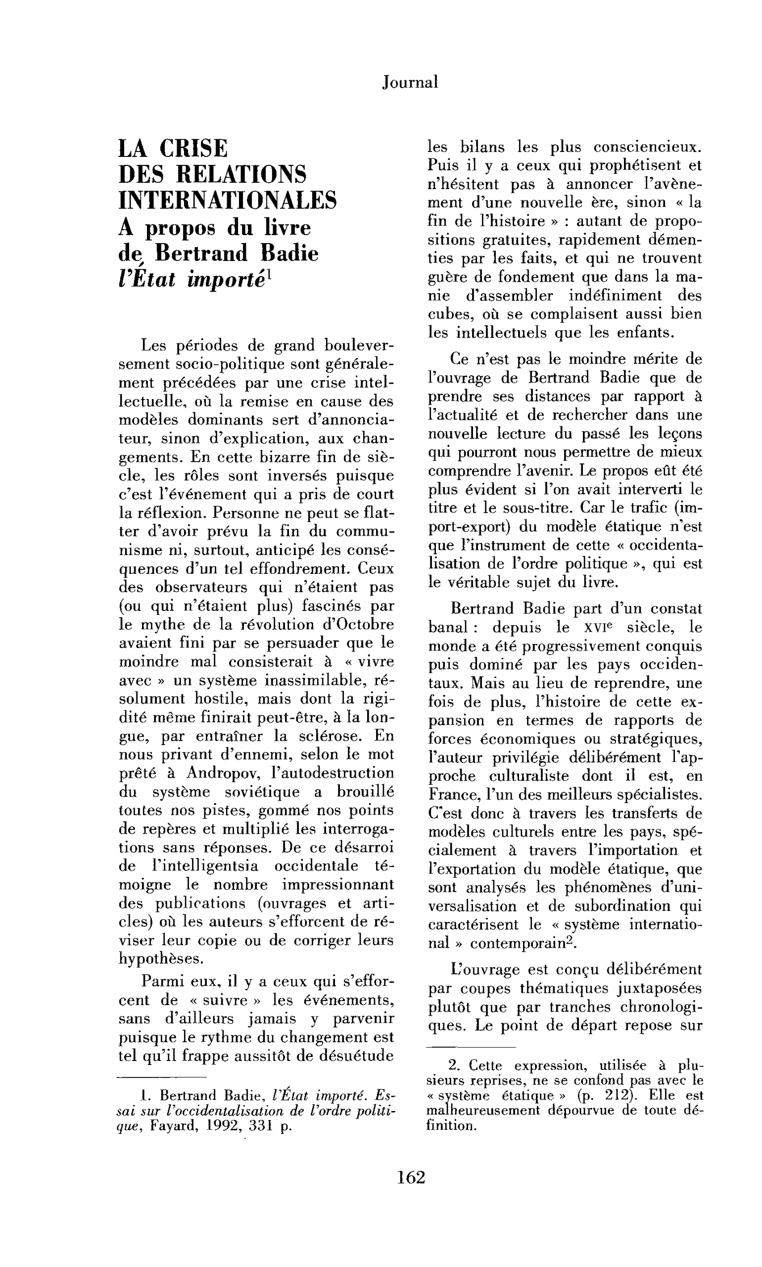 La crise des relations internationales (à propos de l’État importé, de B. Badie)