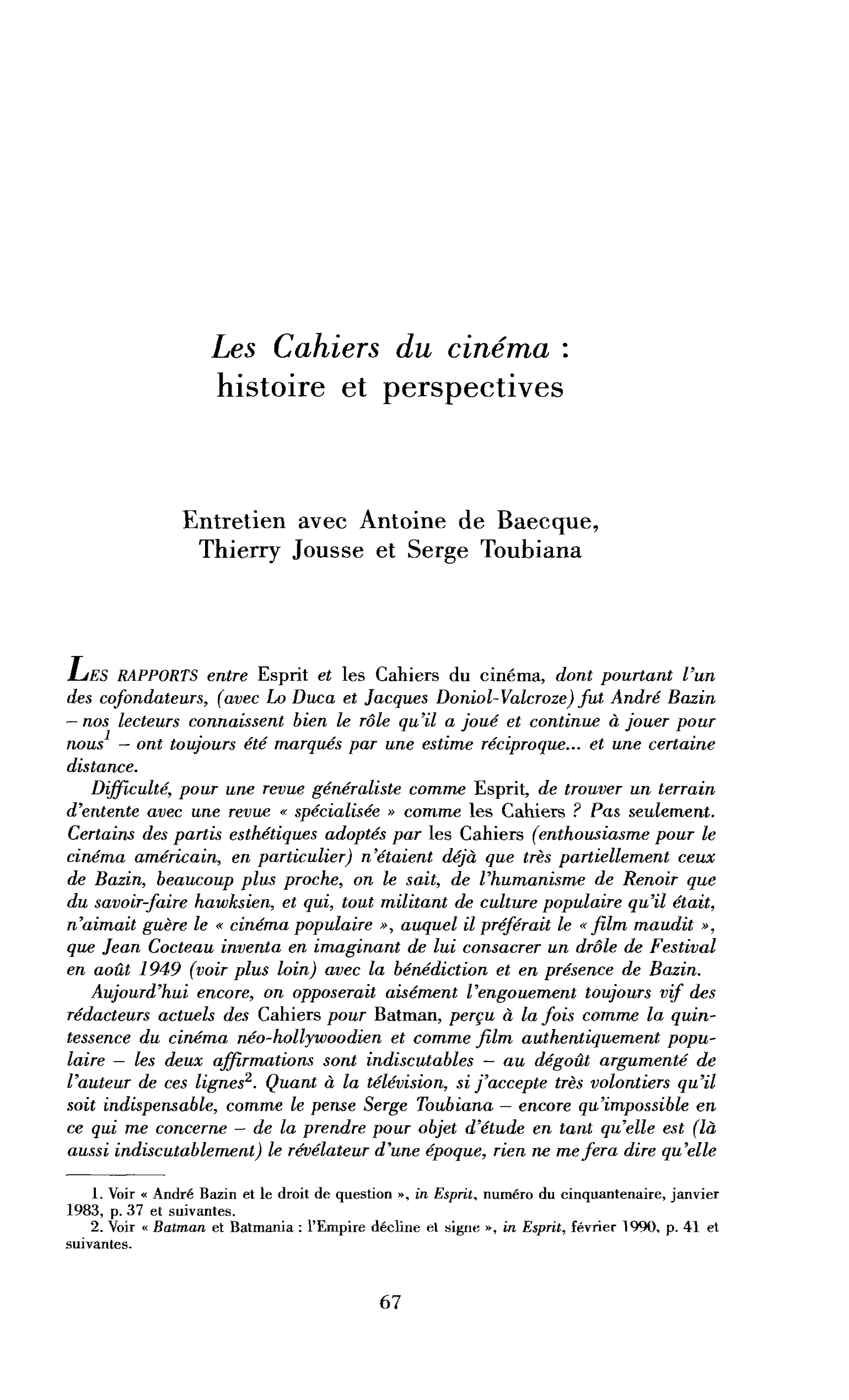 Les Cahiers du cinéma : Histoire et perspectives (entretien)