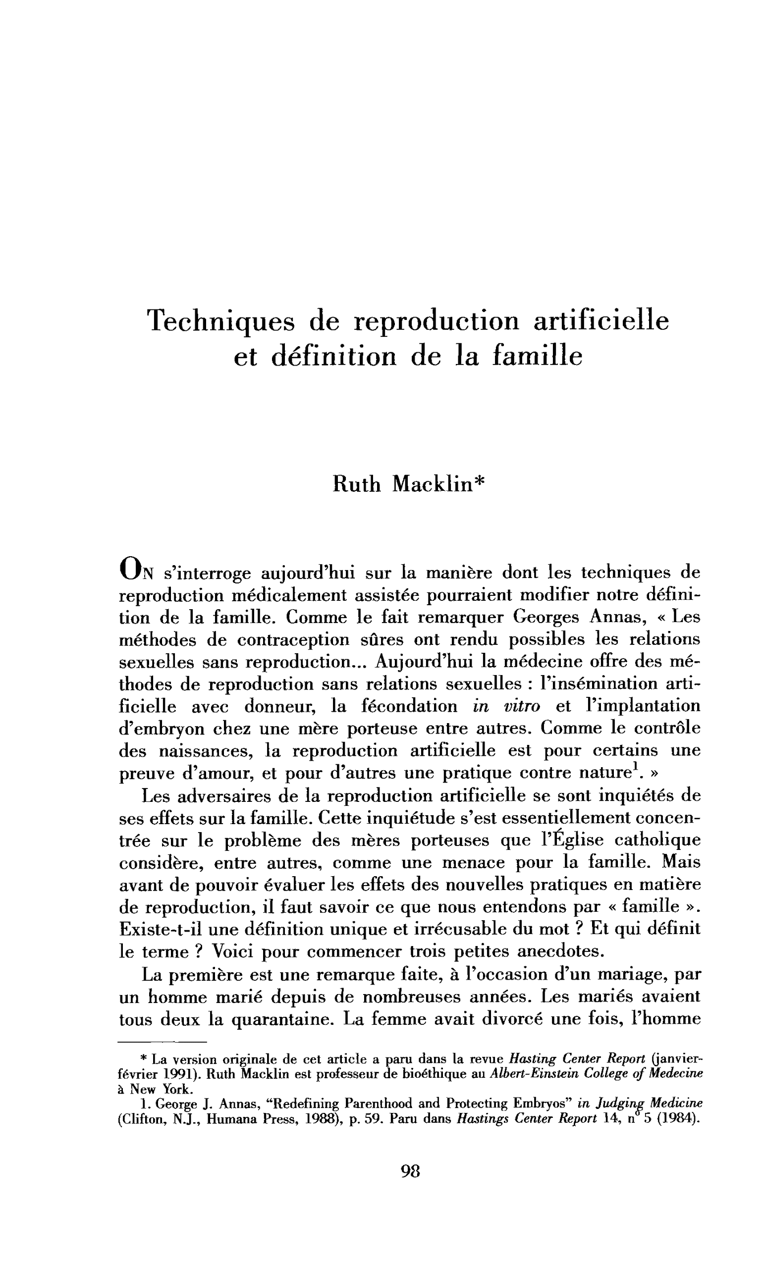 Techniques de reproduction artificielle et définition de la famille
