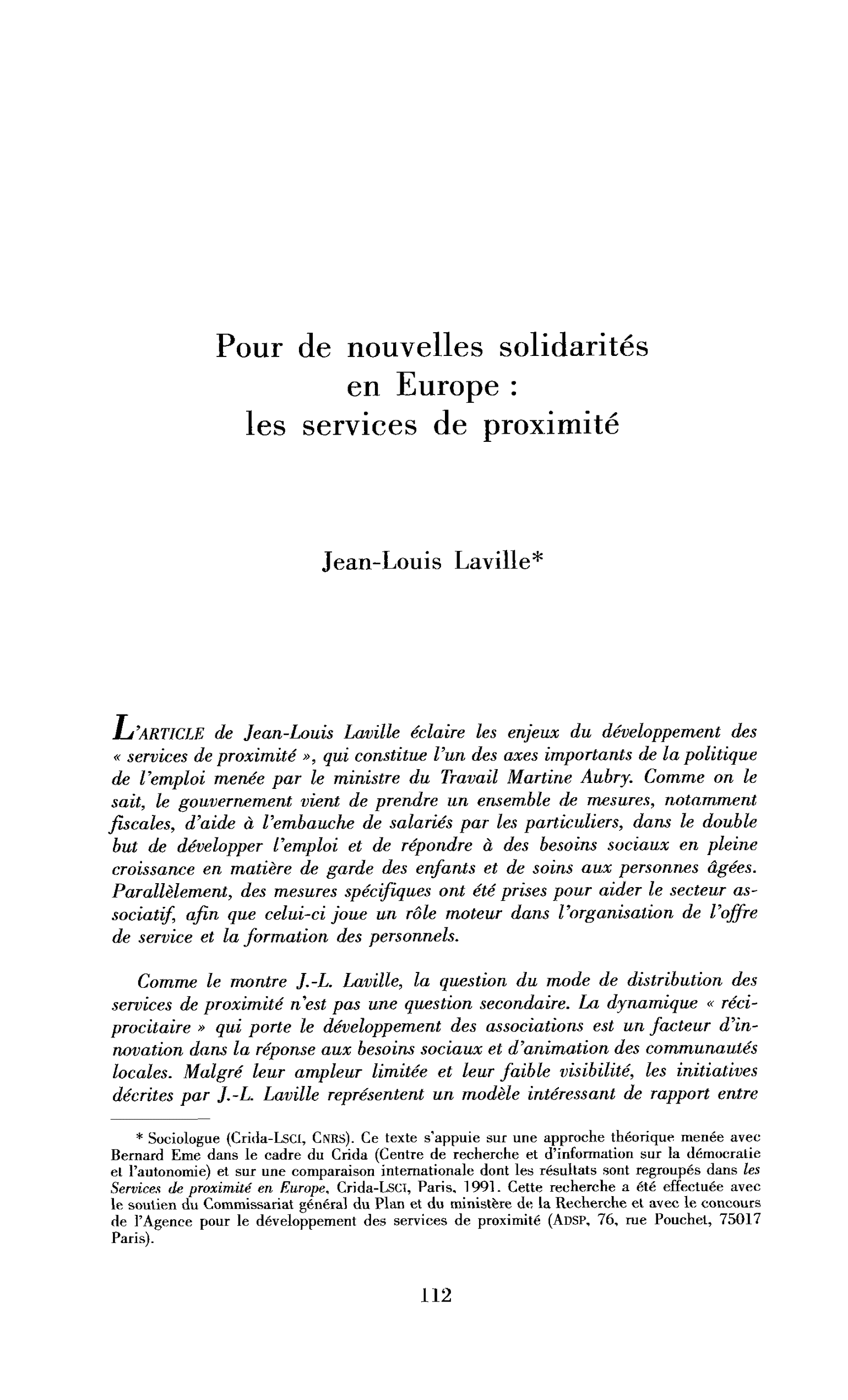 Pour de nouvelles solidarités en Europe : les services de proximité