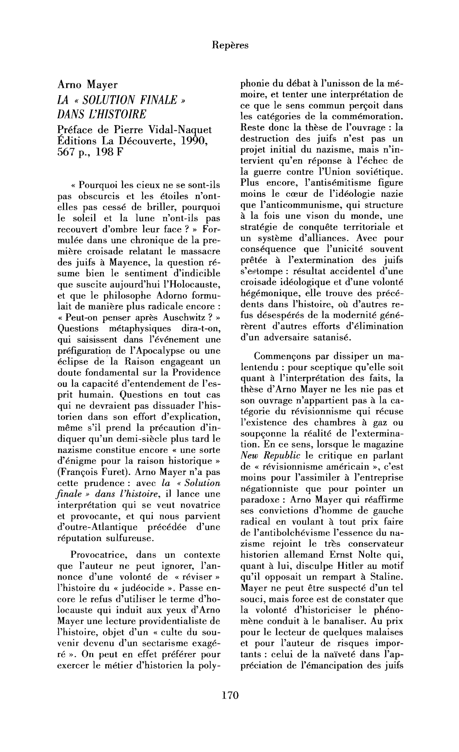 Arno Mayer : la « Solution finale » dans l’histoire