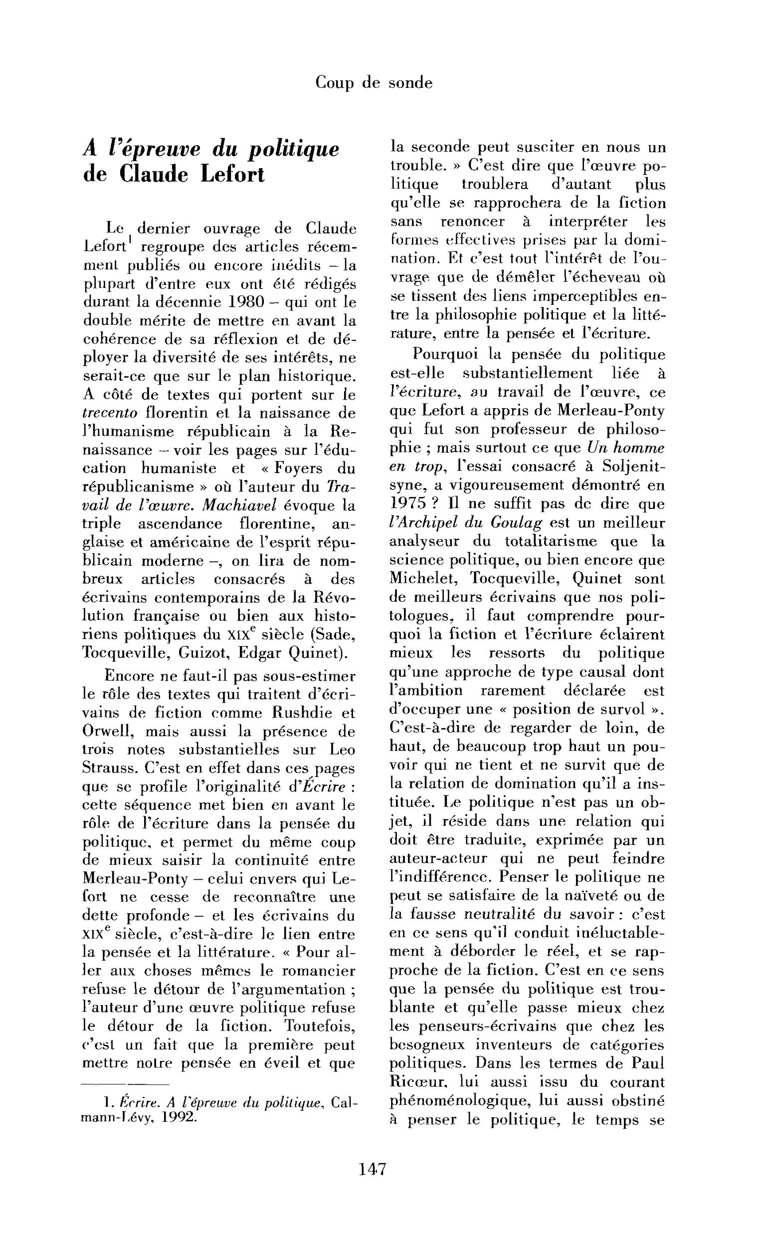 A l’épreuve du politique de Claude Lefort