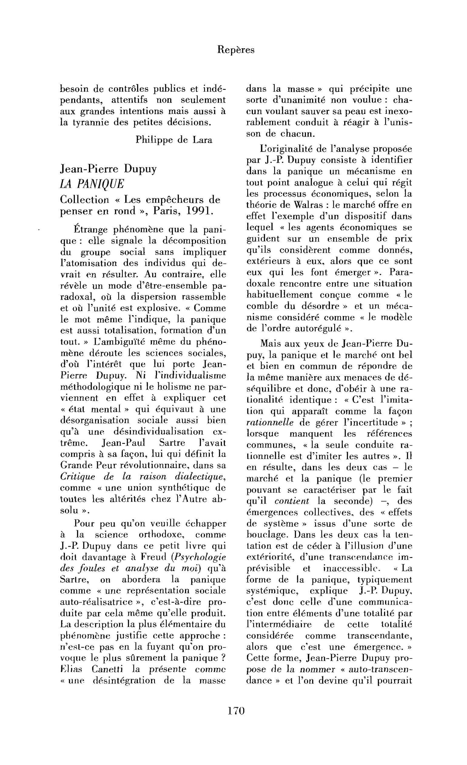 Jean-Pierre Dupuy : la Panique