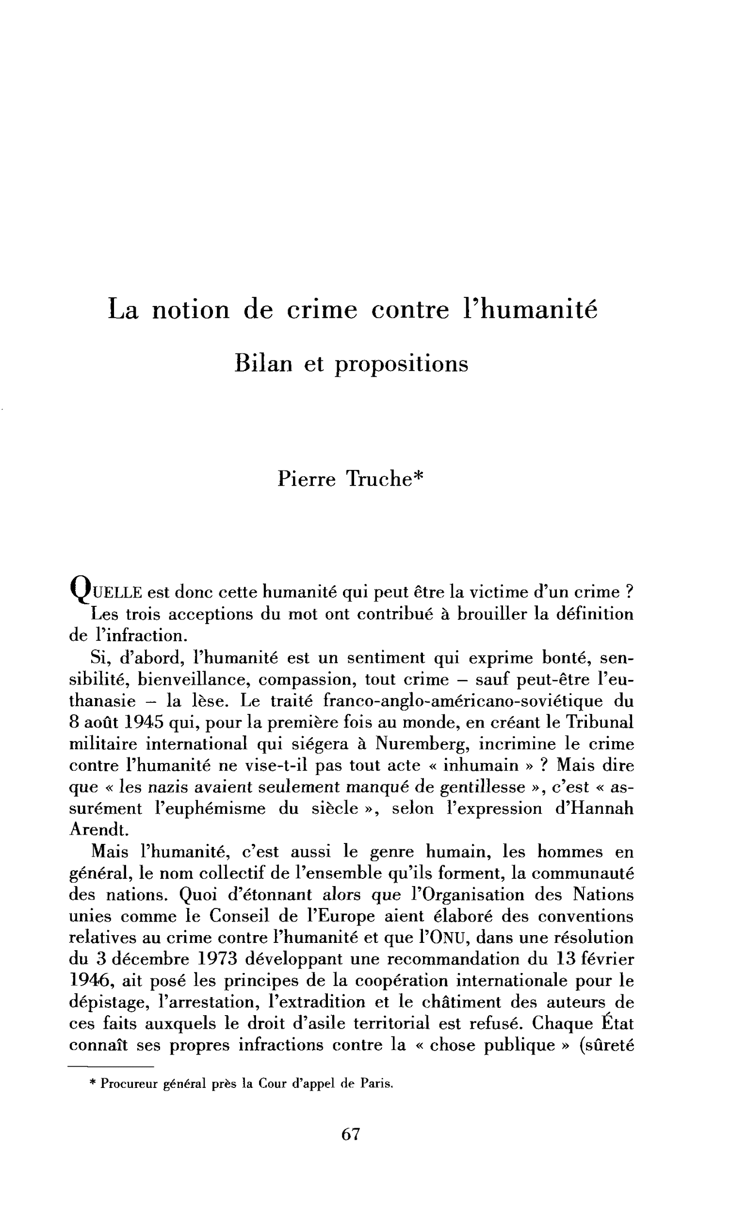 La notion de crime contre l’humanité. Bilan et propositions