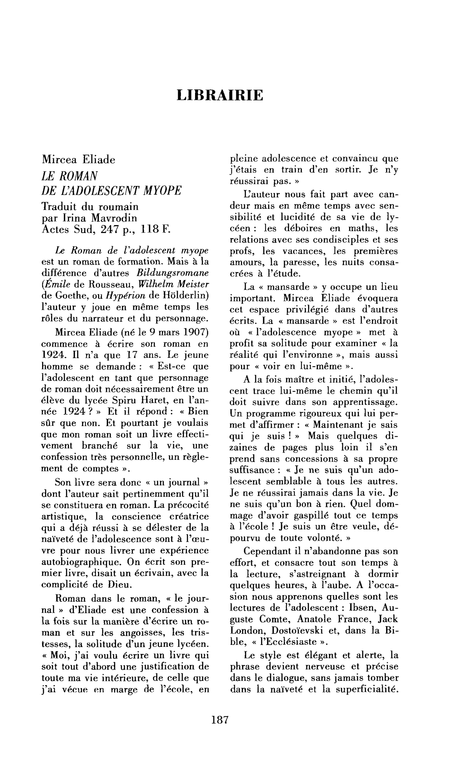 Mircea Eliade : le Roman de l’adolescent myope
