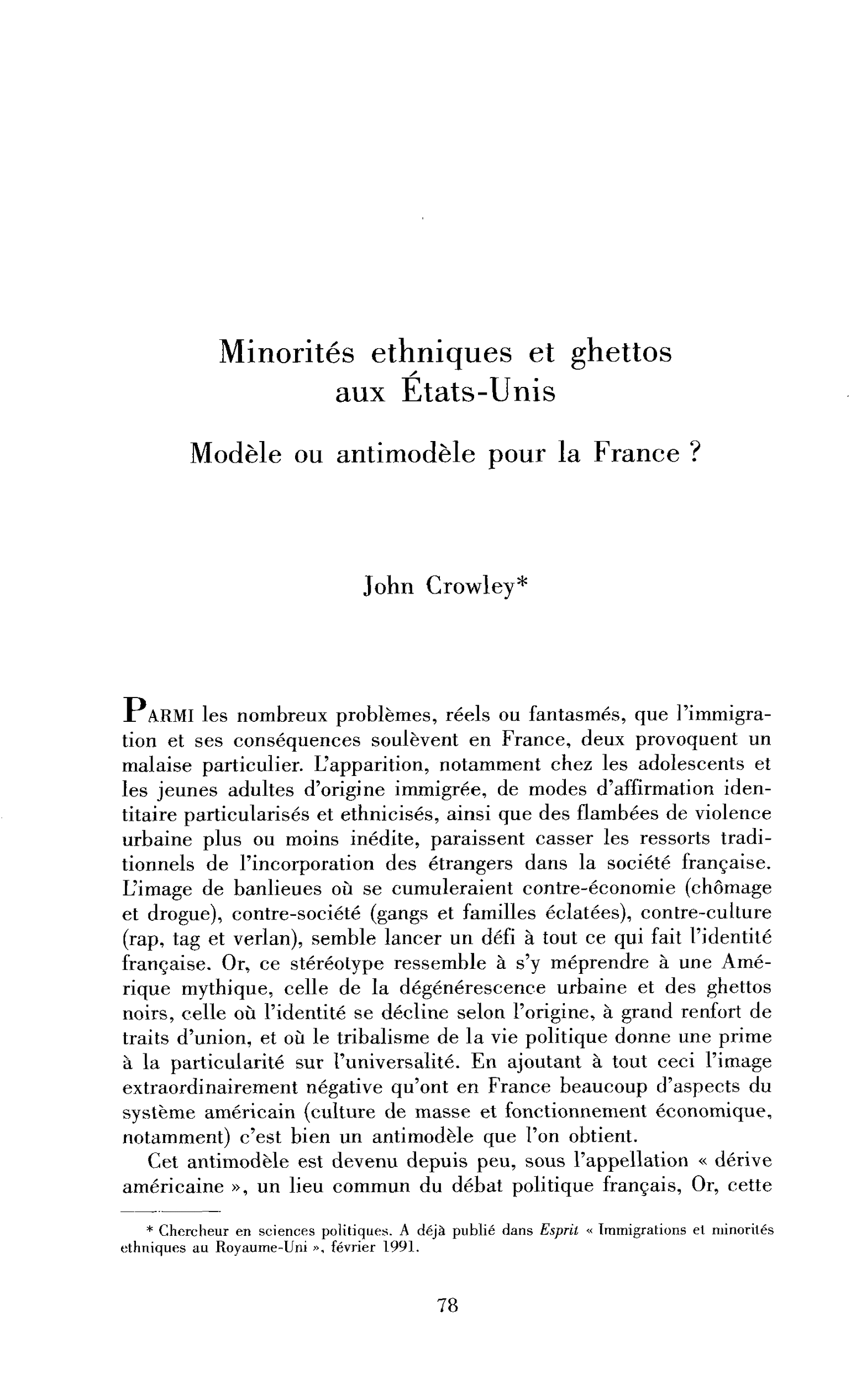 Minorités ethniques et ghettos aux États-Unis (Modèle ou antimodèle pour la France)