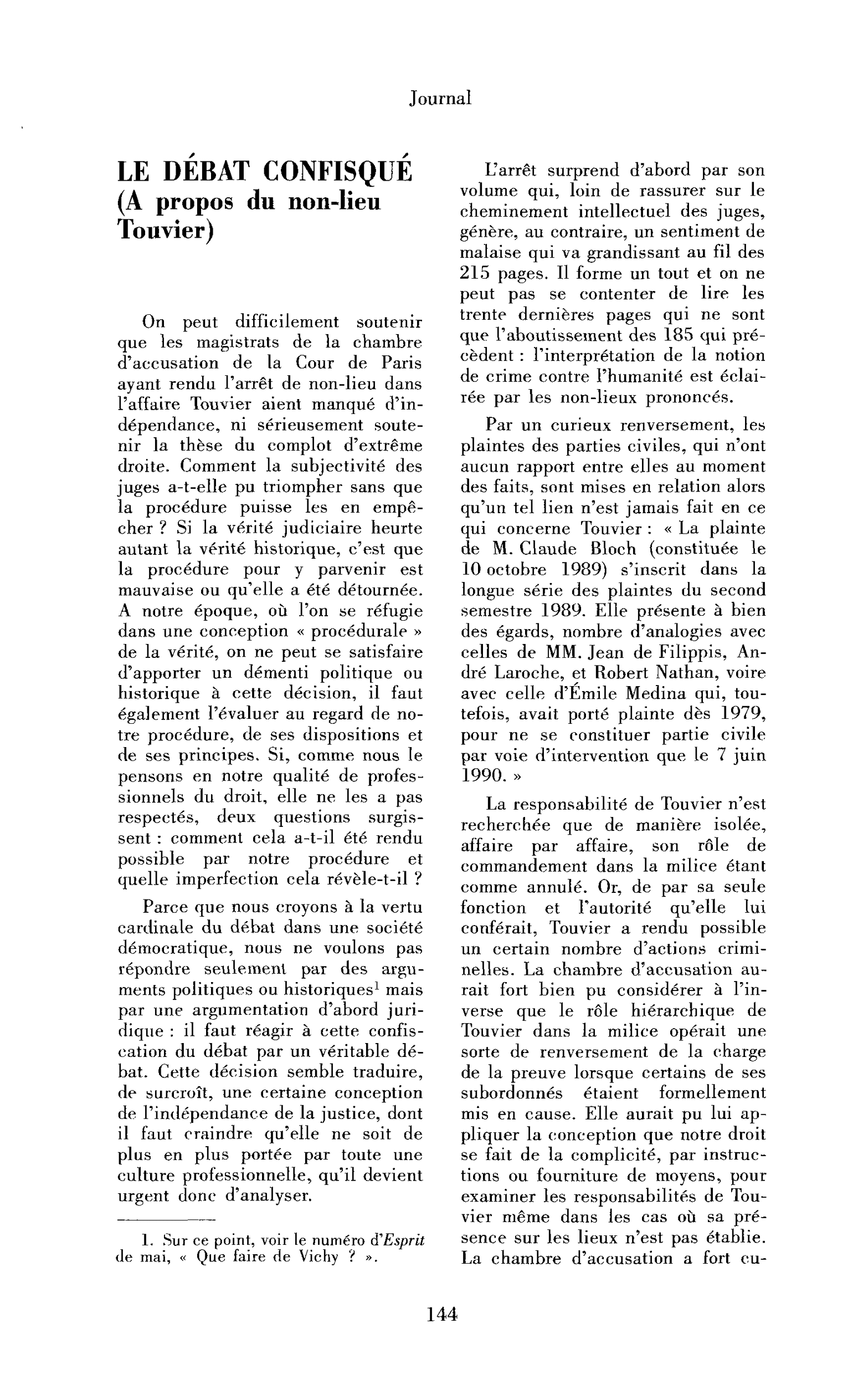 Le débat confisqué (à propos du non-lieu de Touvier)