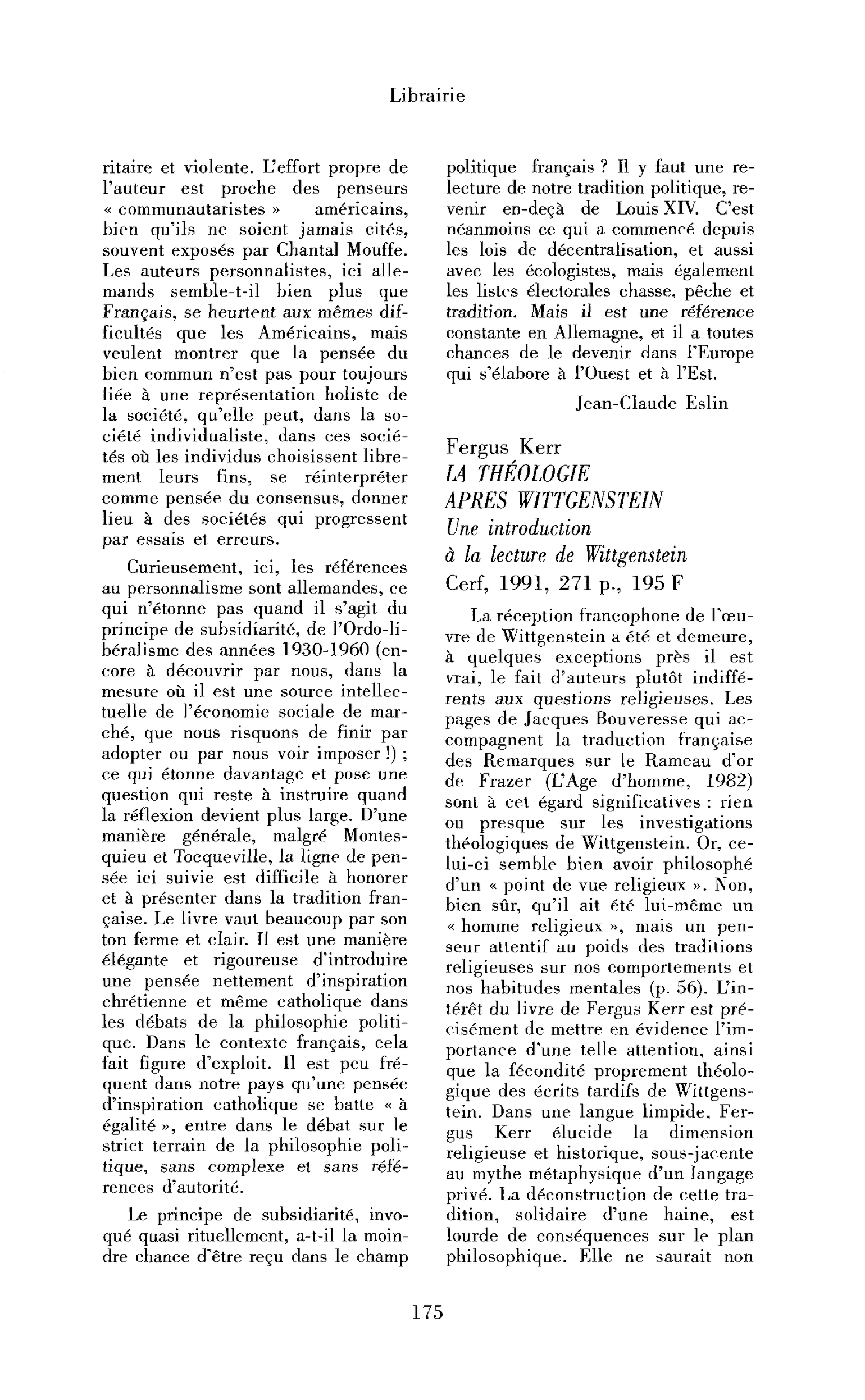 Fergus Kerr : la Théologie après Wittgenstein