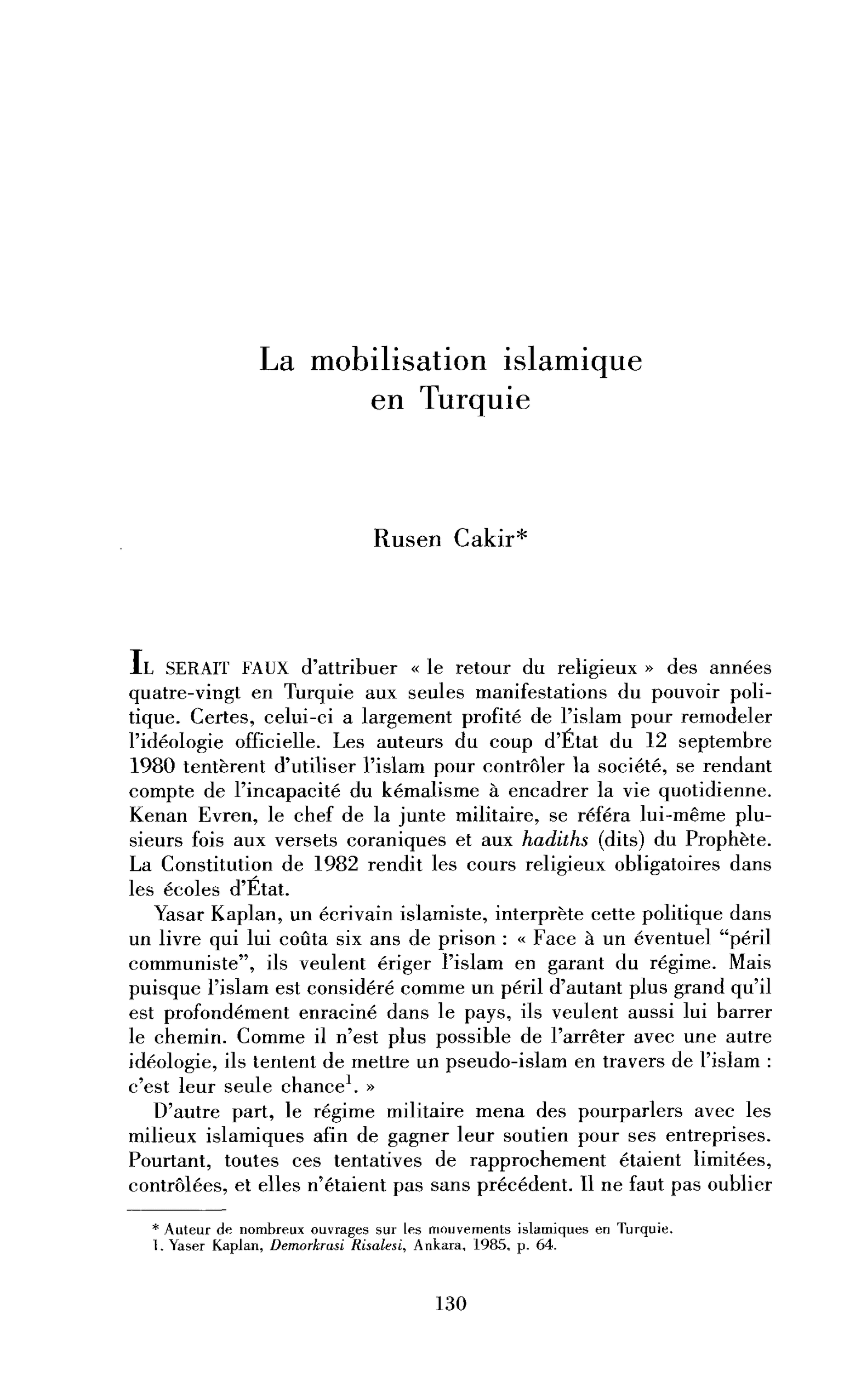 La mobilisation islamique en Turquie
