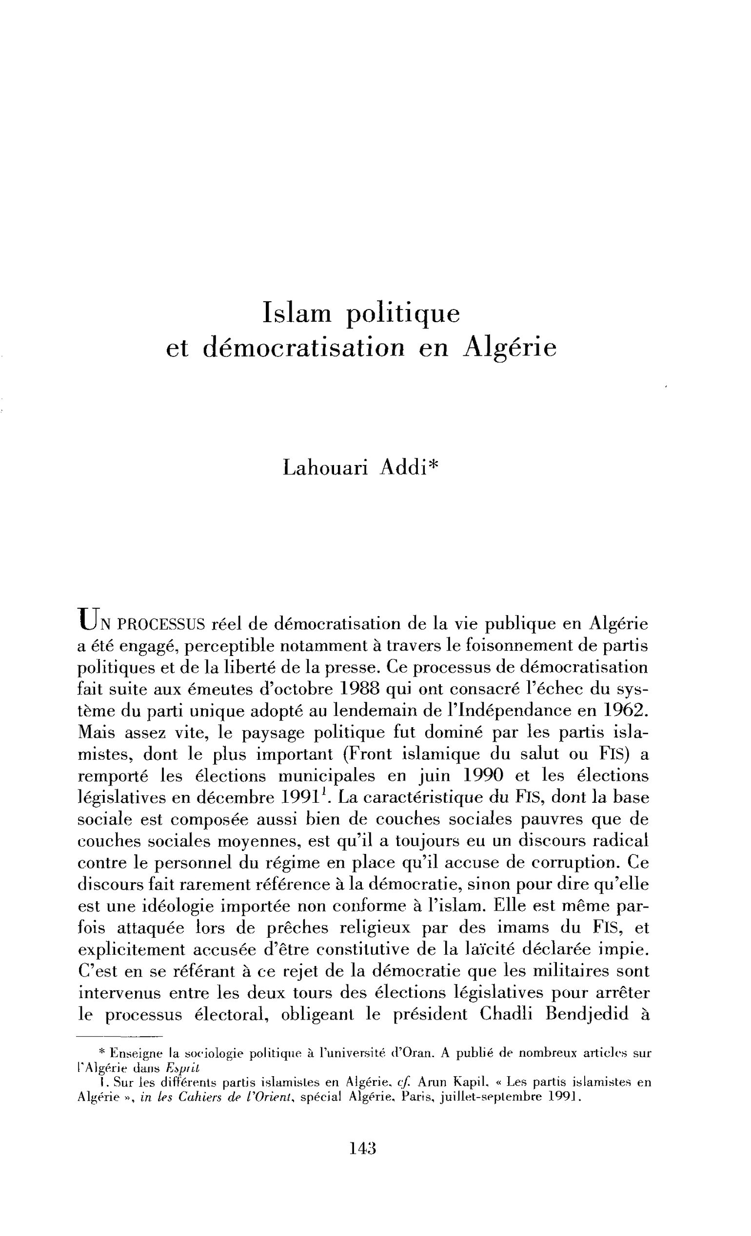 Islam politique et démocratisation en Algérie