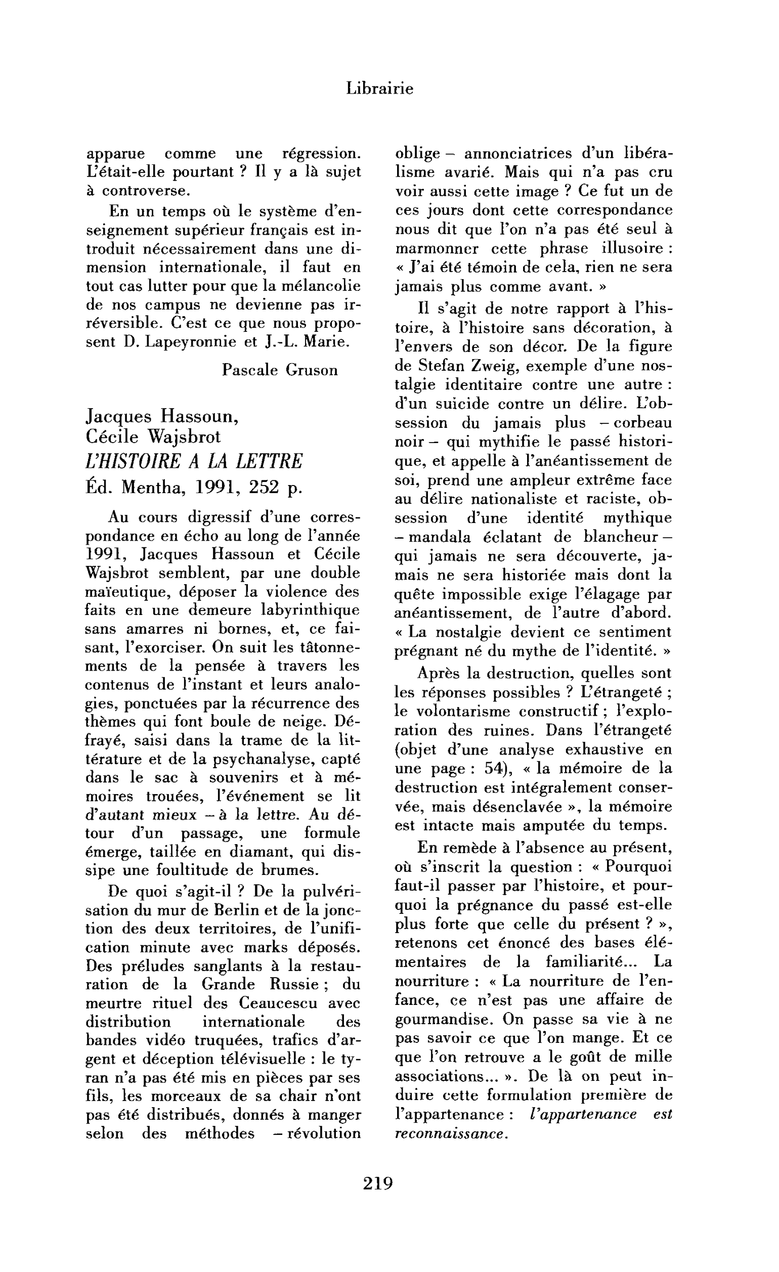 Jacques Hassoun et Cécile Wajsbrot : l’Histoire à la lettre