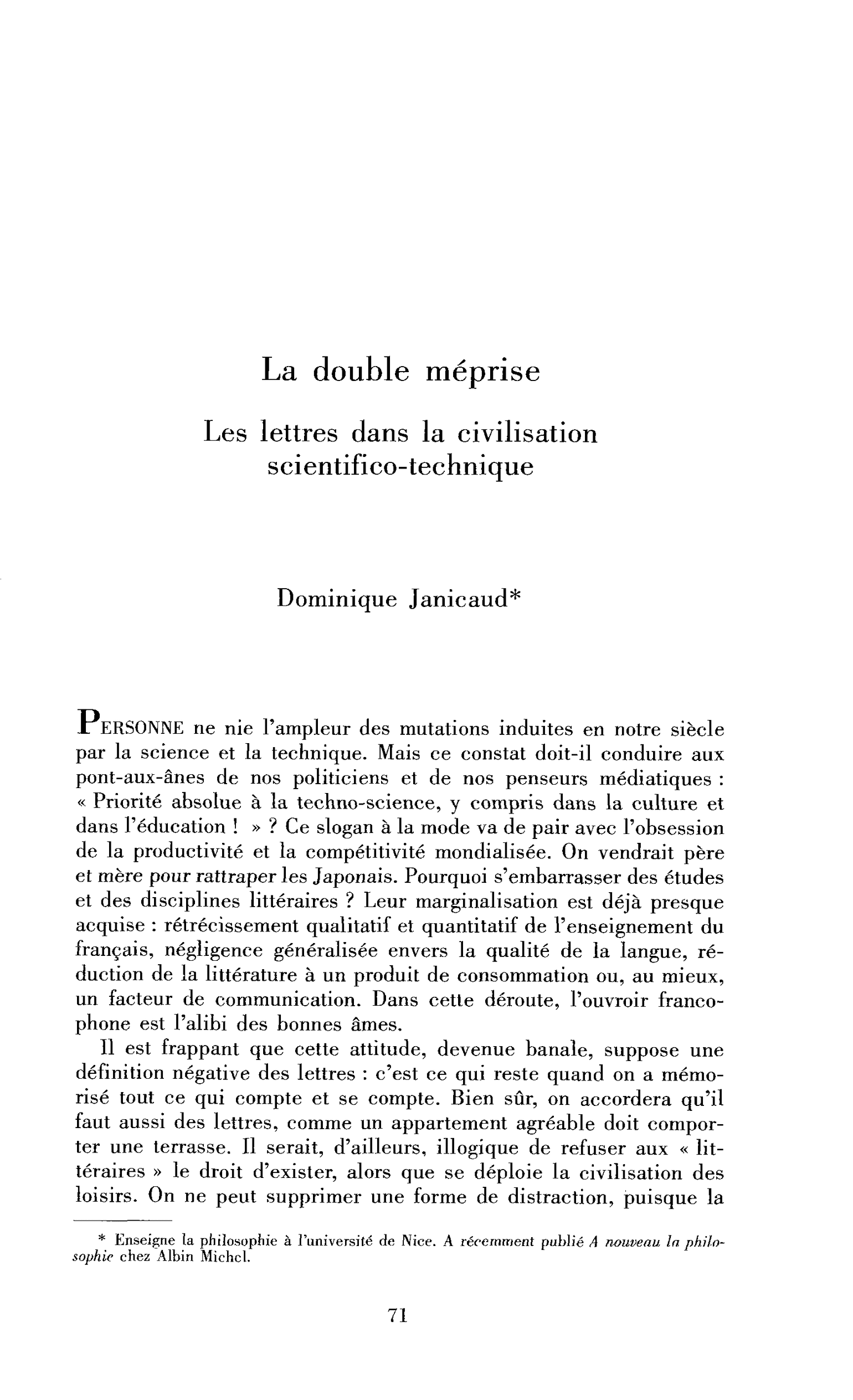 La double méprise. Les lettres dans la civilisation scientifico-technique