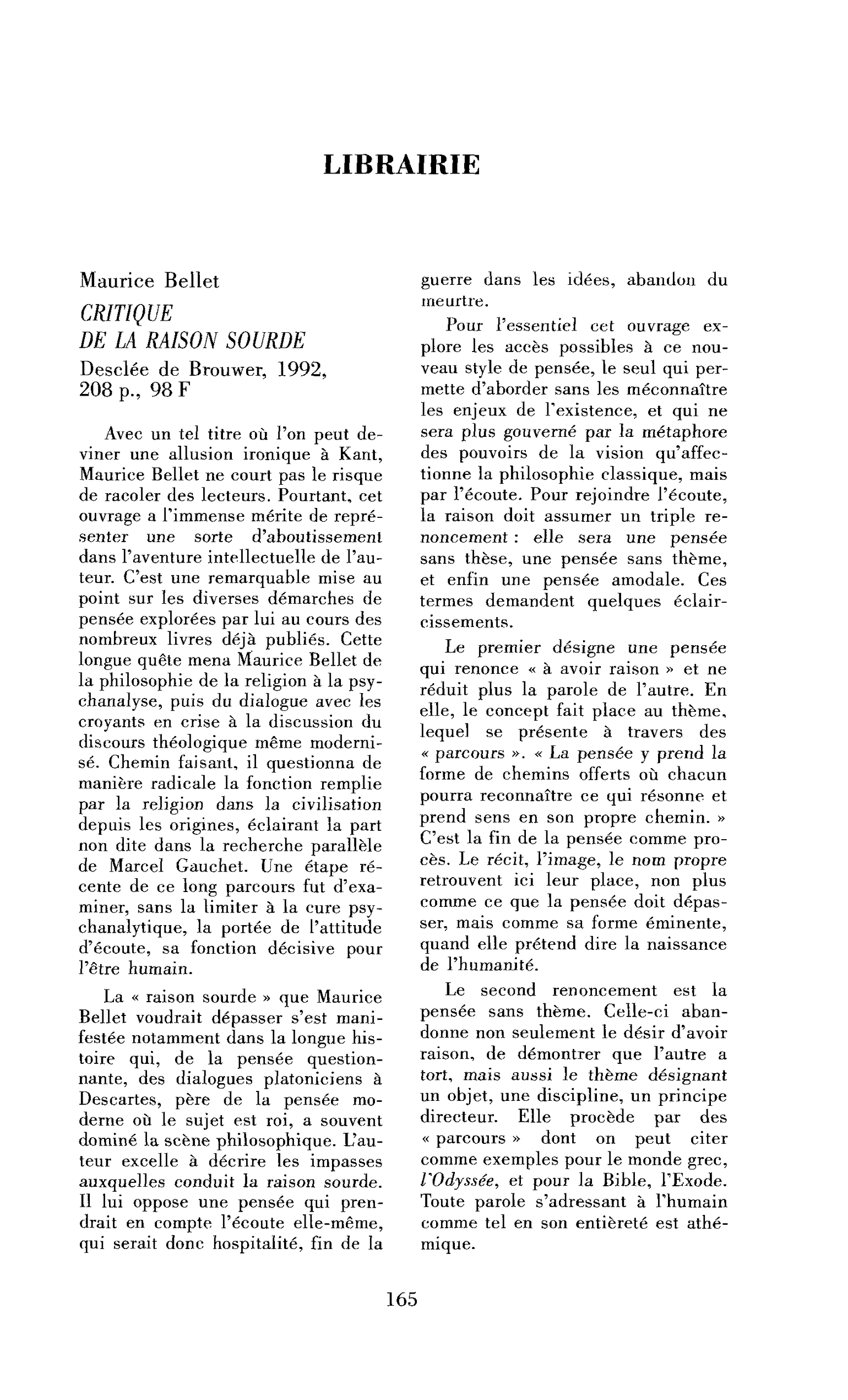 Maurice Bellet : Critique de la raison sourde