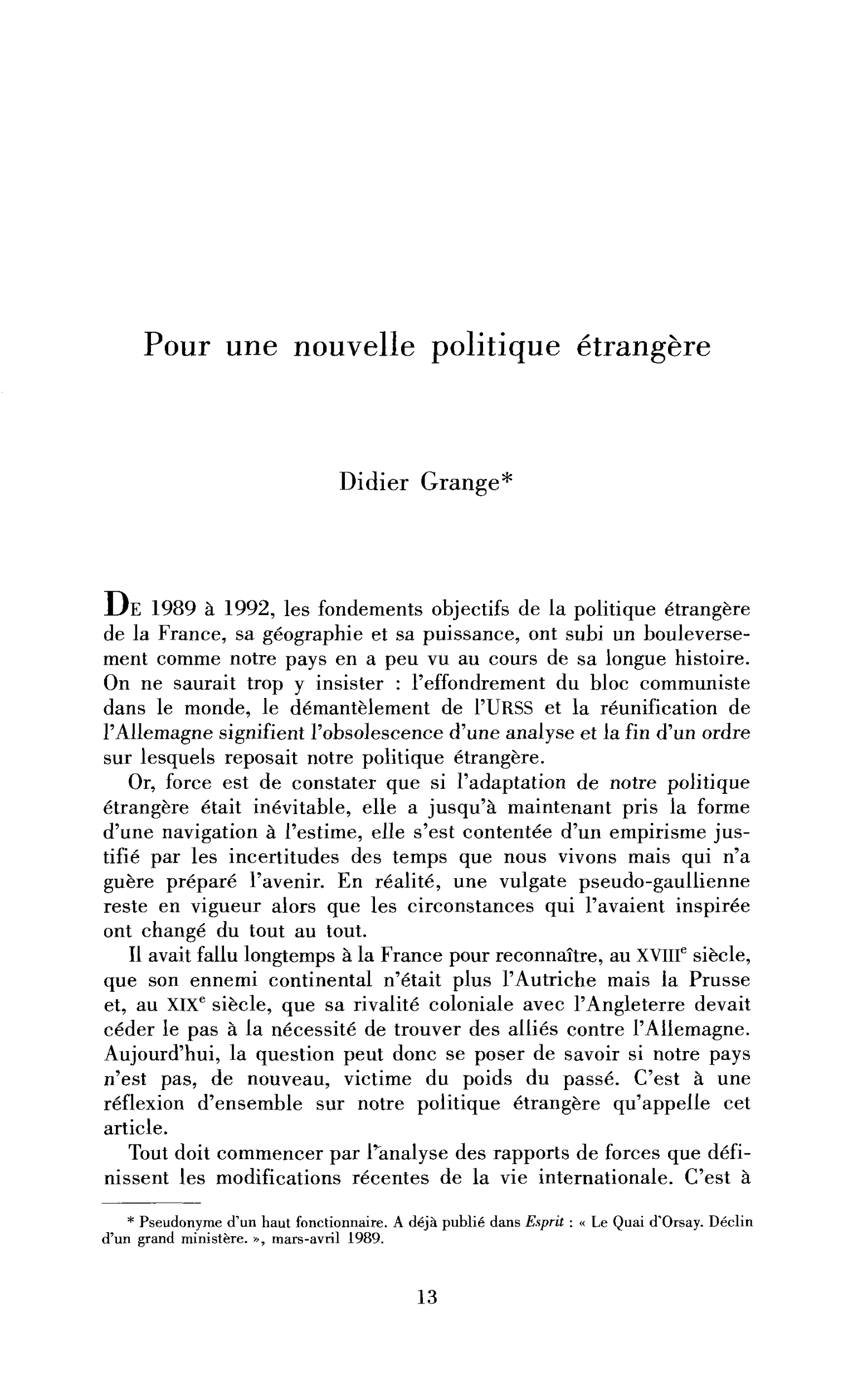 Pour une nouvelle politique étrangère