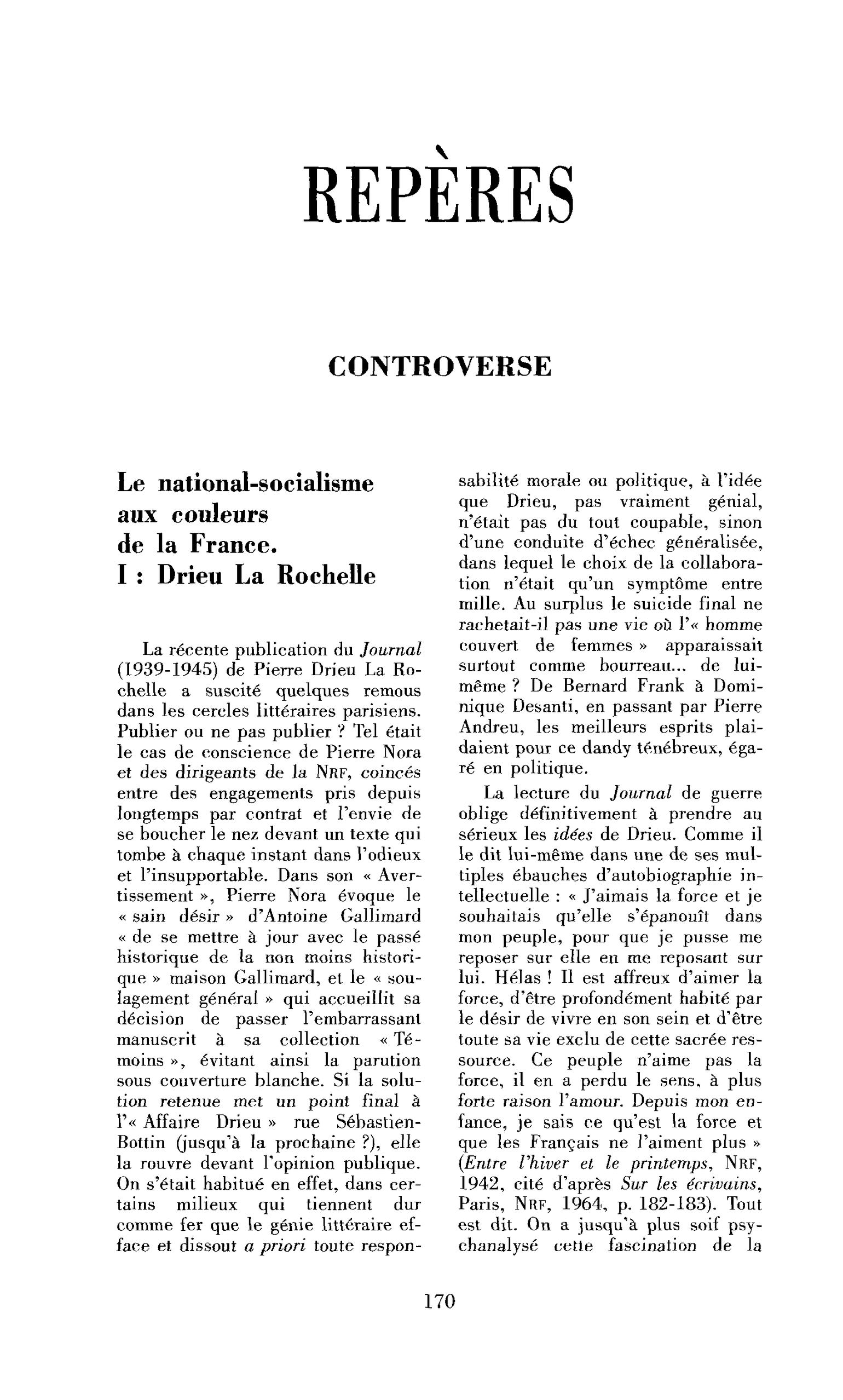 Le national-socialisme aux couleurs de la France. I : Drieu La Rochelle