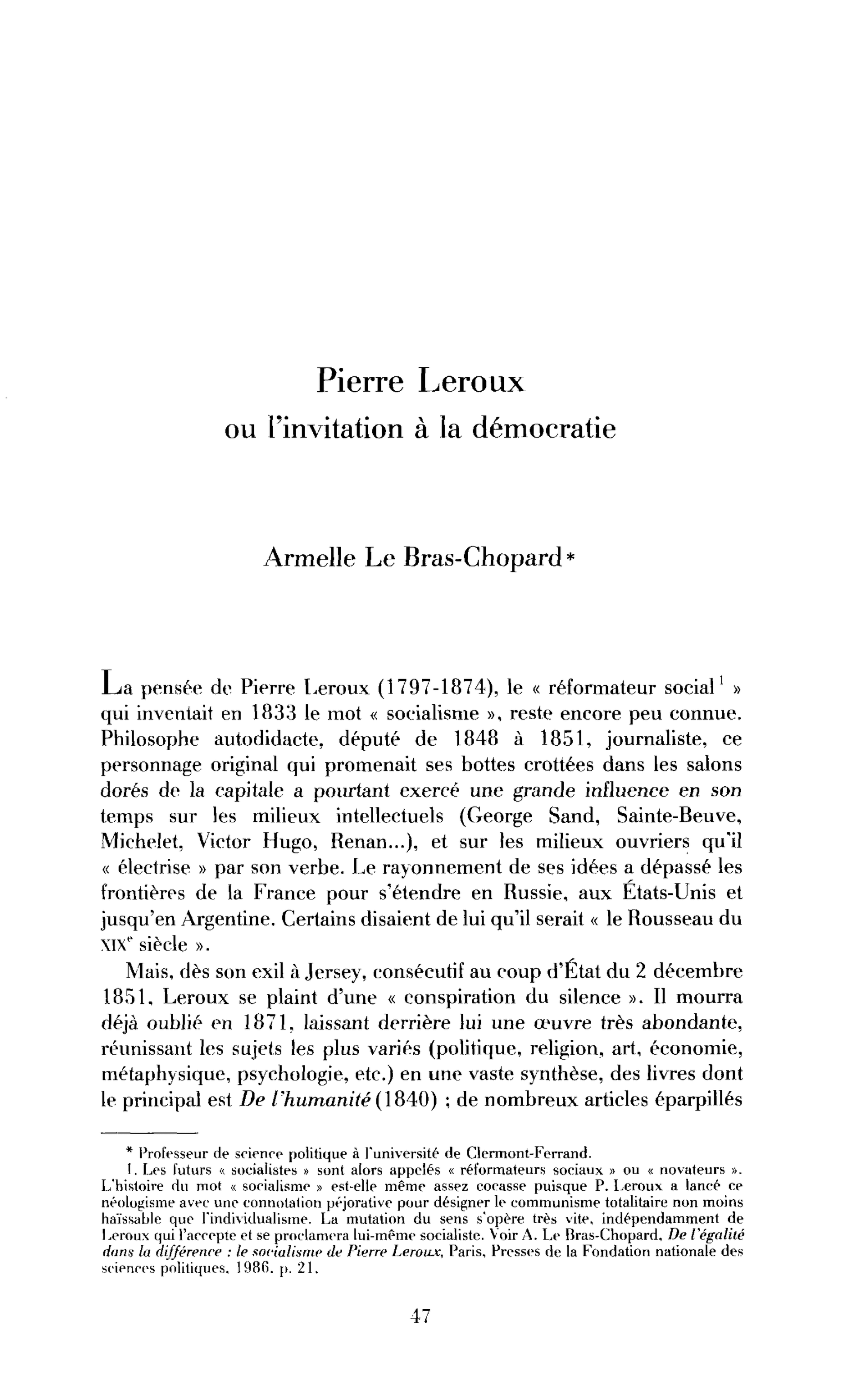 Pierre Leroux ou l’invitation à la démocratie