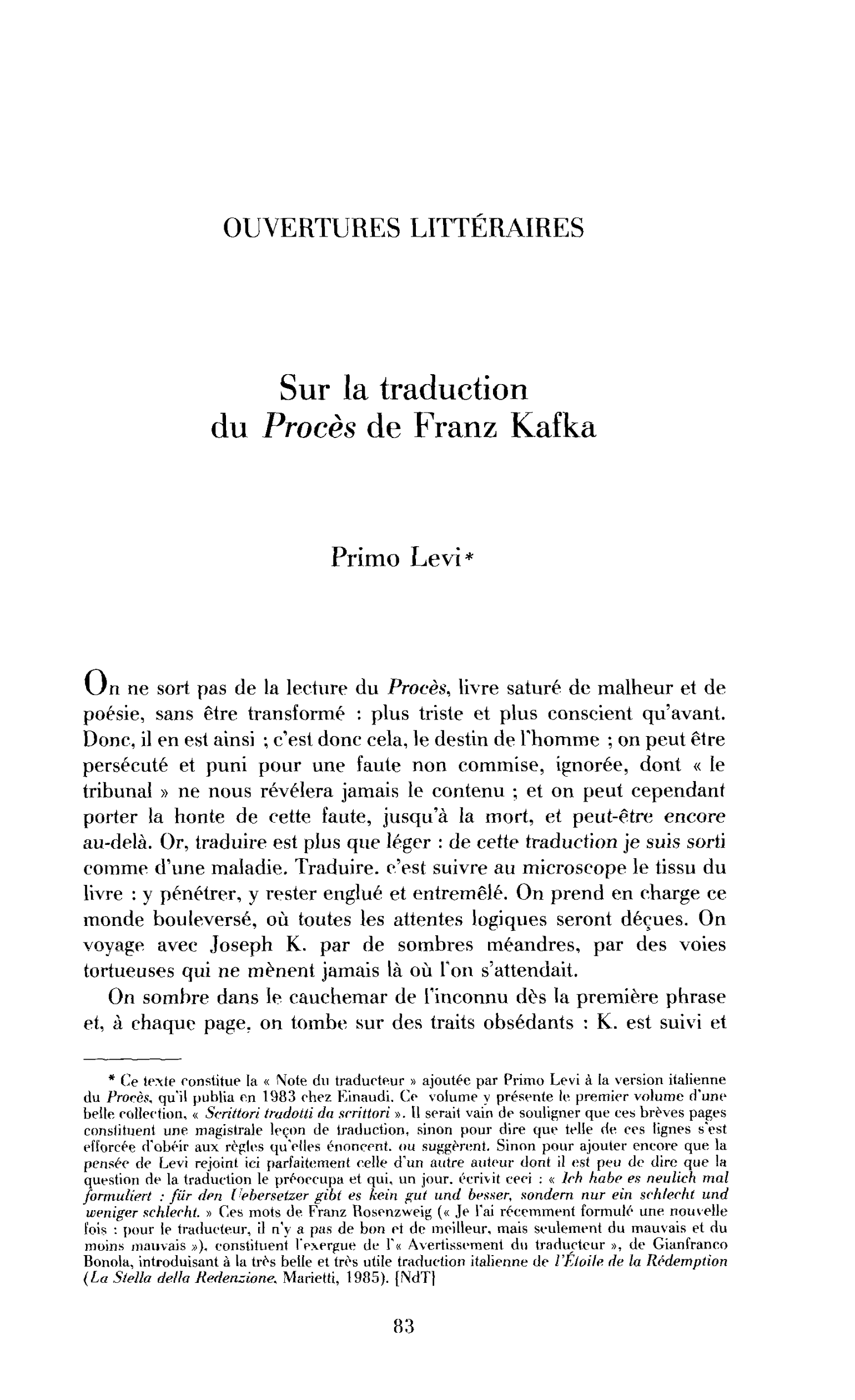 Primo Levi : Sur la traduction du Procès de Franz Kafka