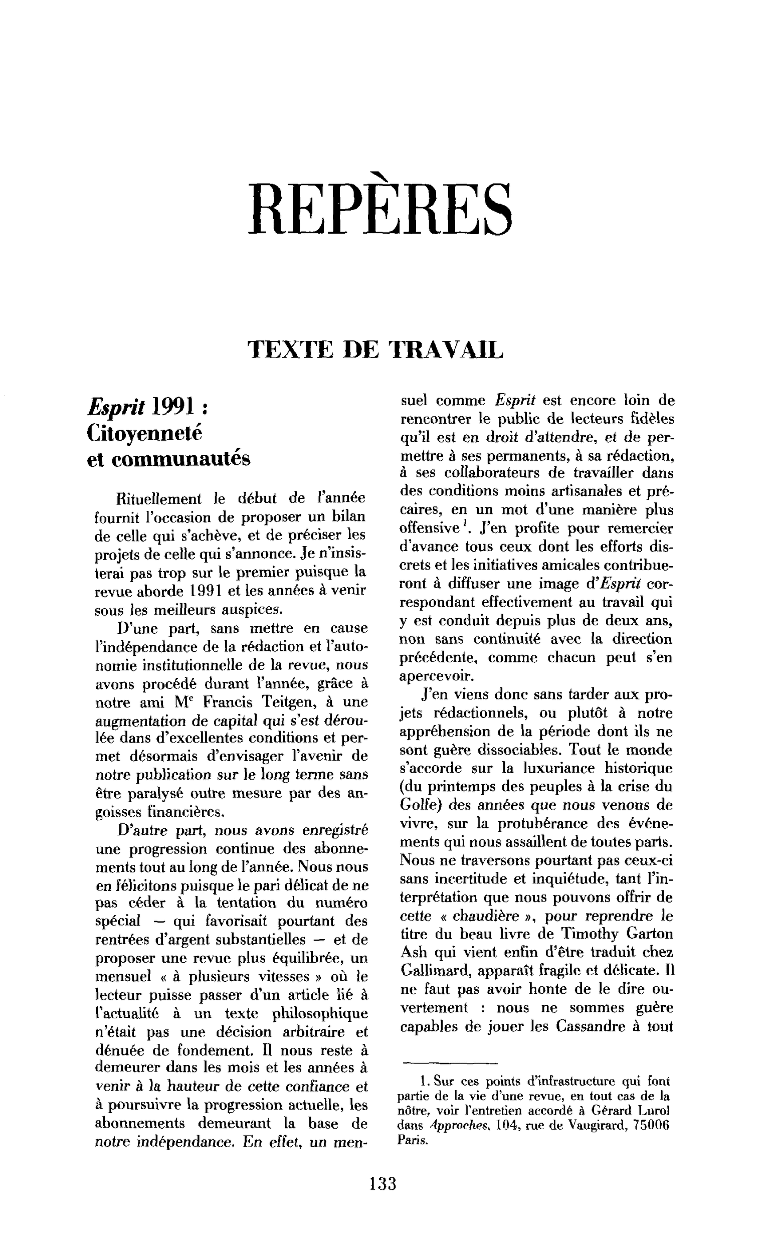 Esprit 1991 : Citoyenneté et communautés
