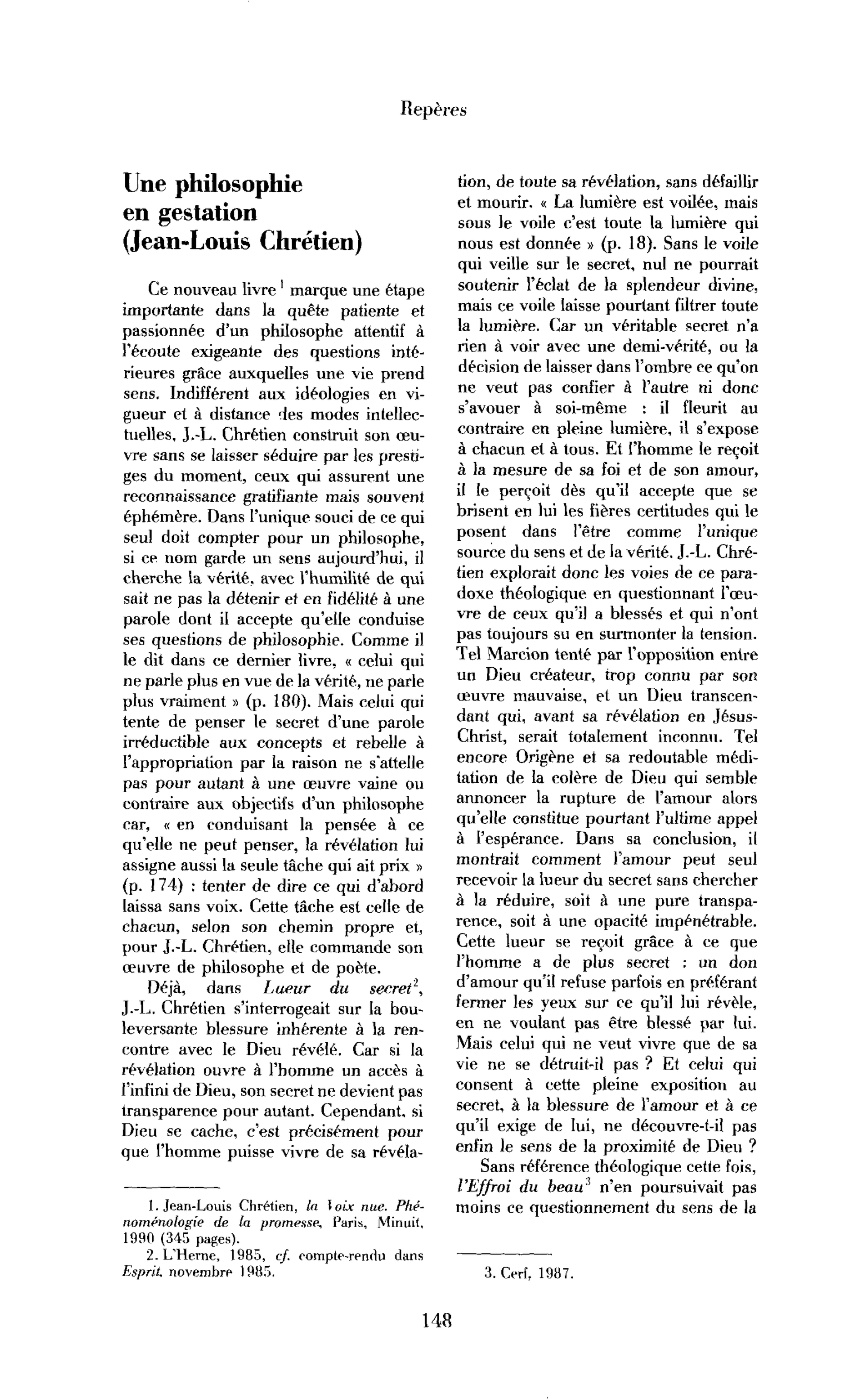 Une philosophie en gestation (Jean-Louis Chrétien)