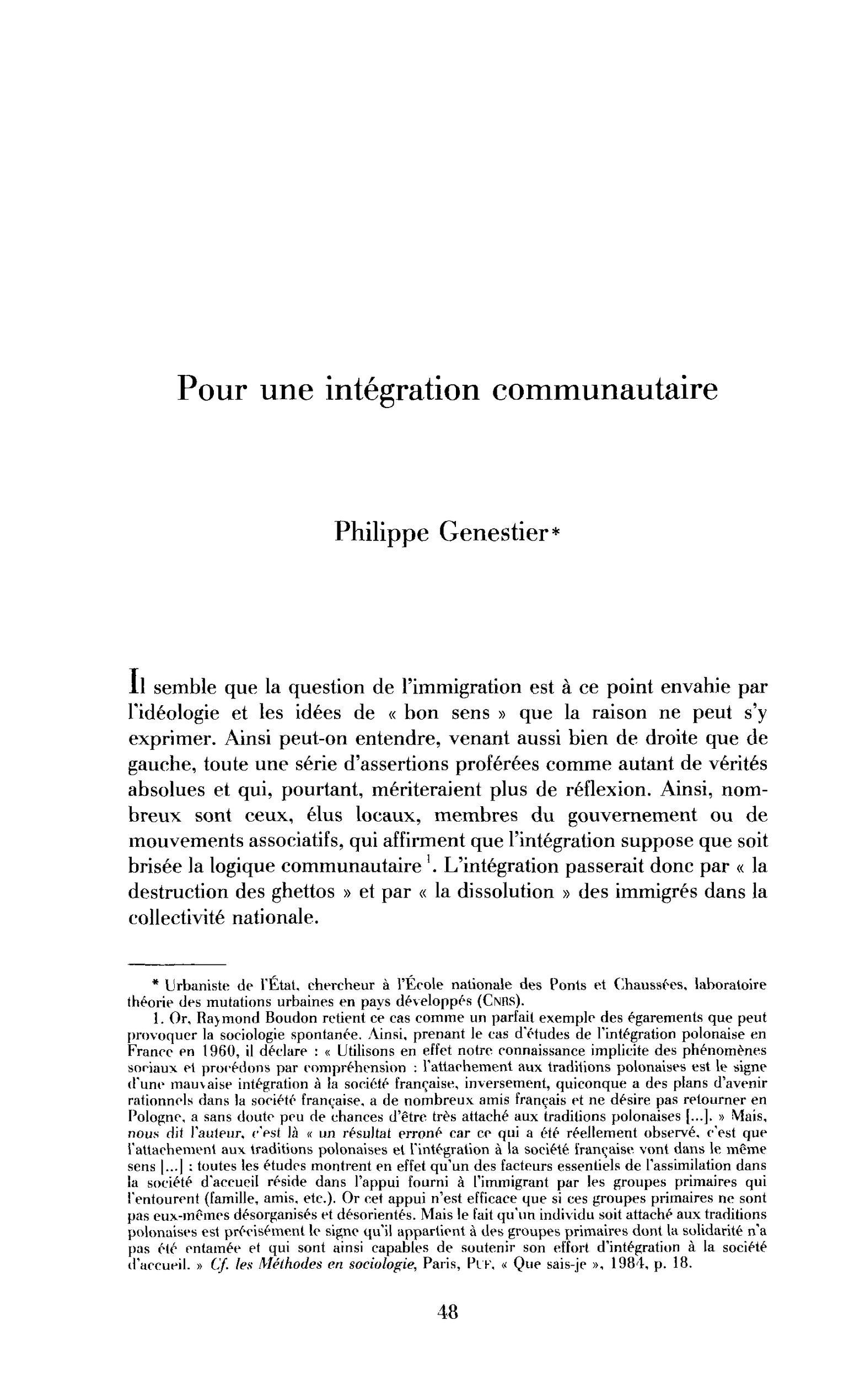 Pour une intégration communautaire