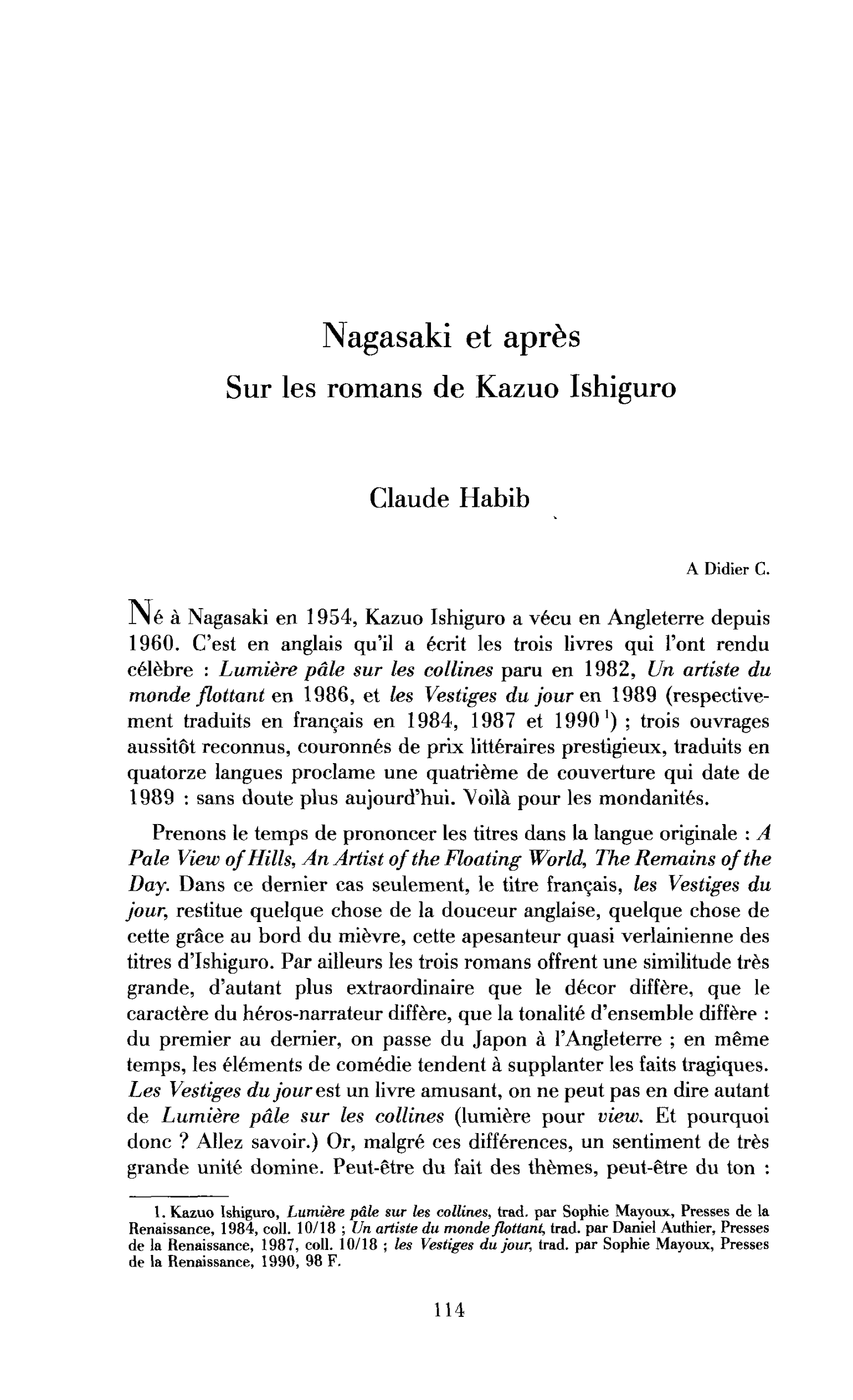 Nagasaki et après. Sur les romans d’Ishiguro