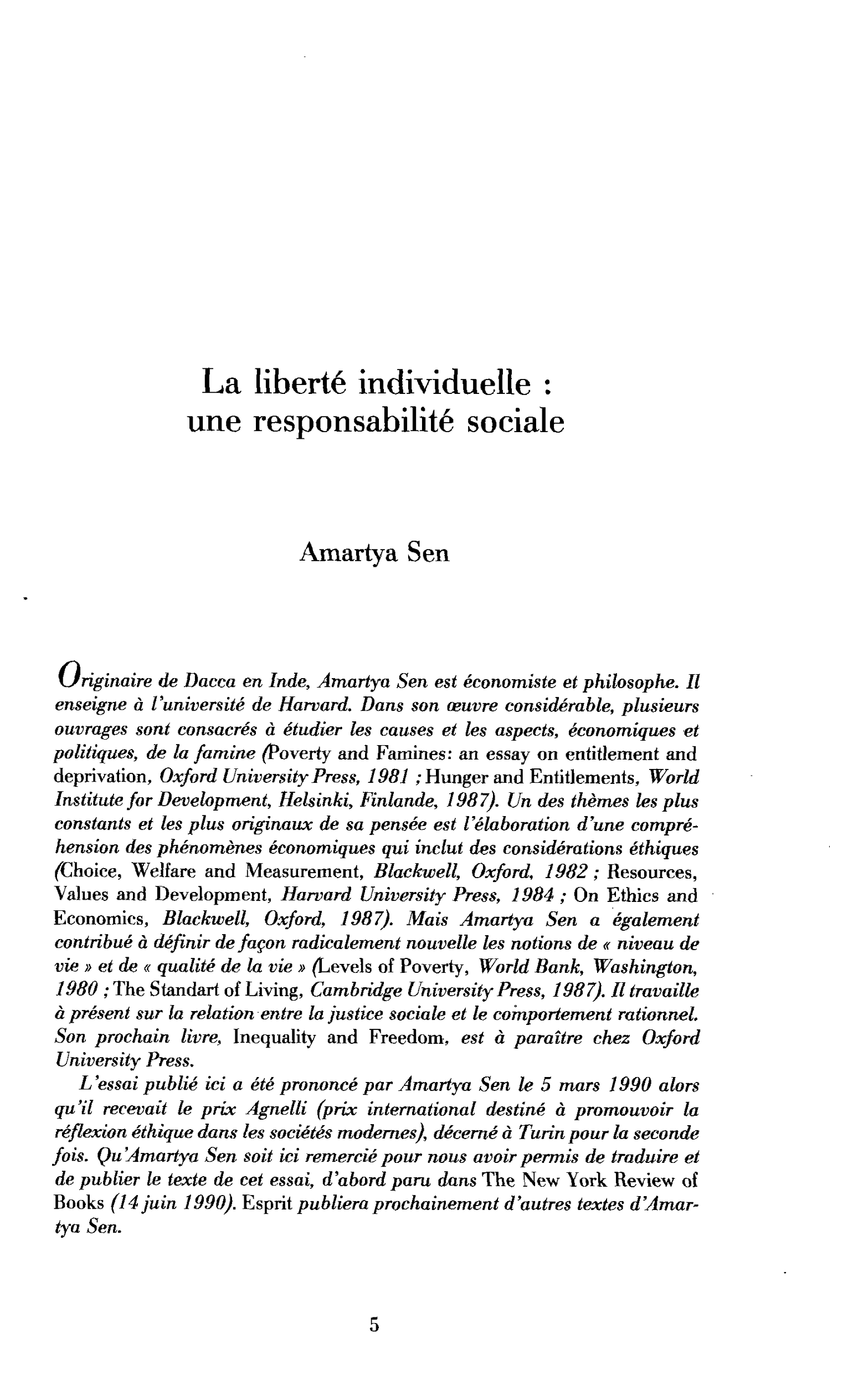 La liberté individuelle : une responsabilité sociale