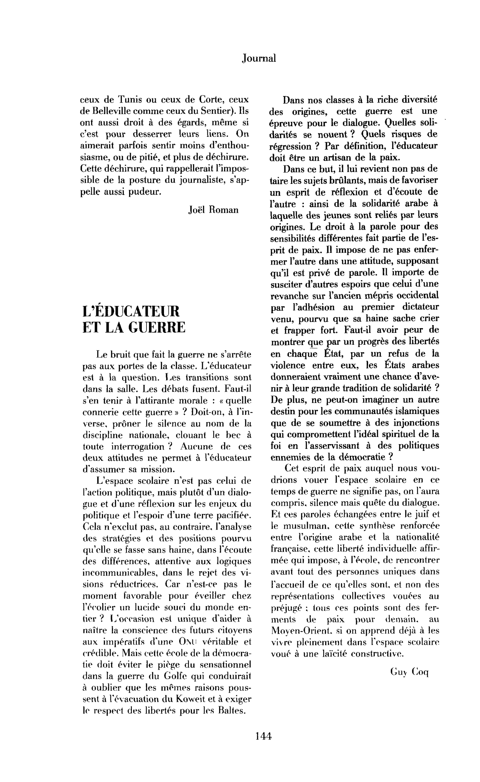 L’éducateur et la guerre
