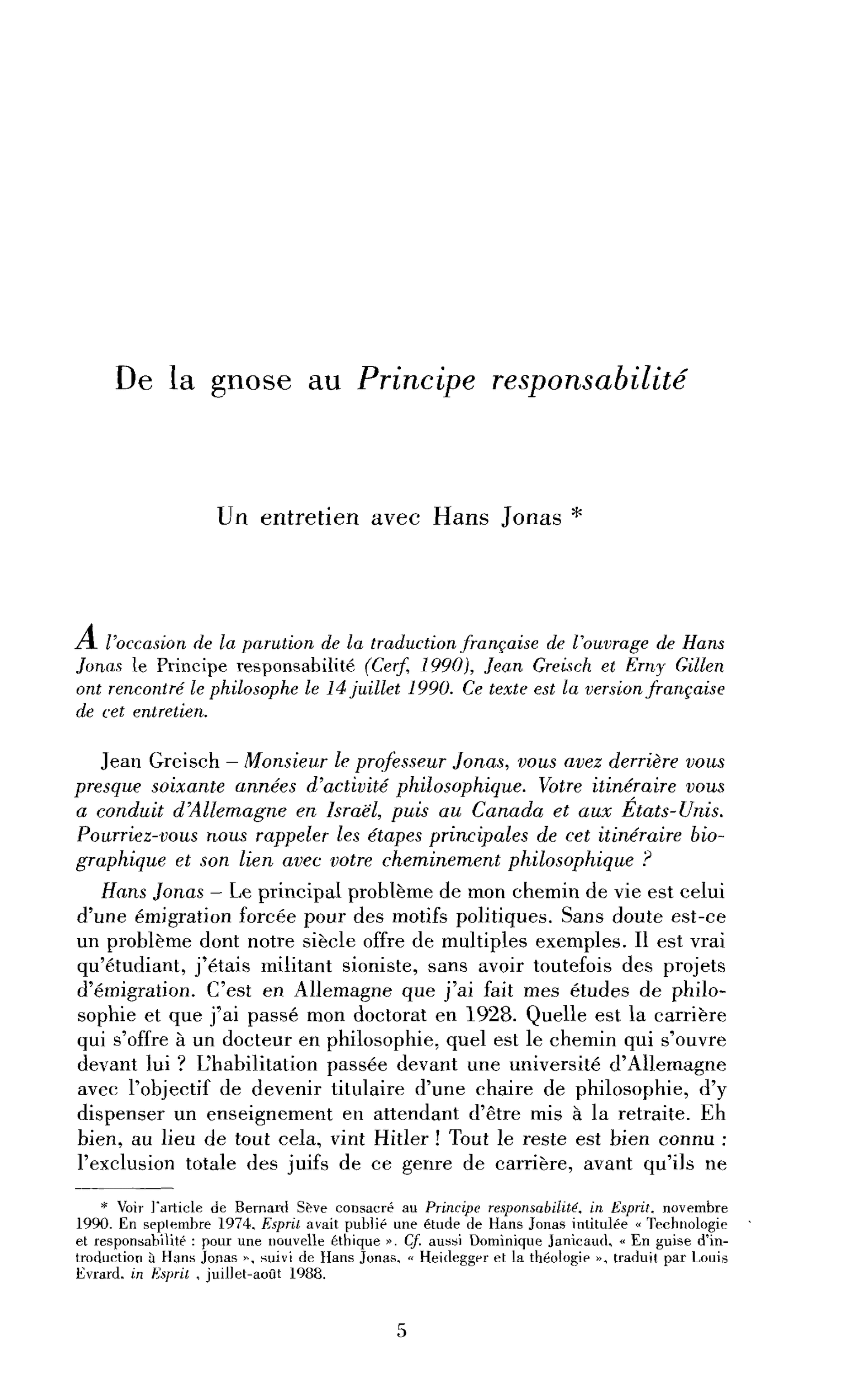 De la Gnose au Principe responsabilité (entretien)