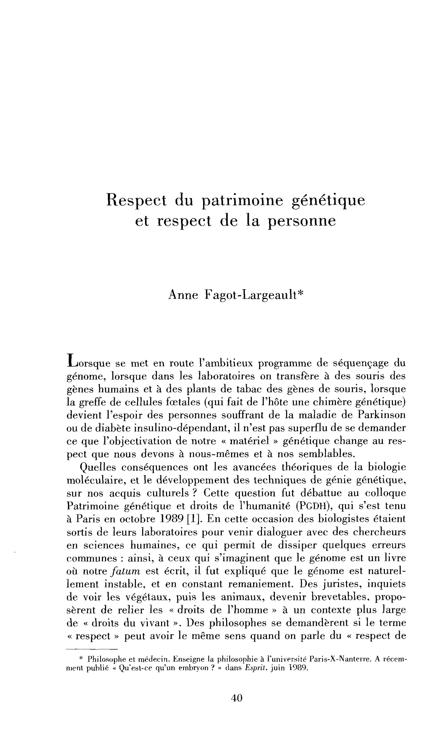 Respect du patrimoine génétique et respect de la personne