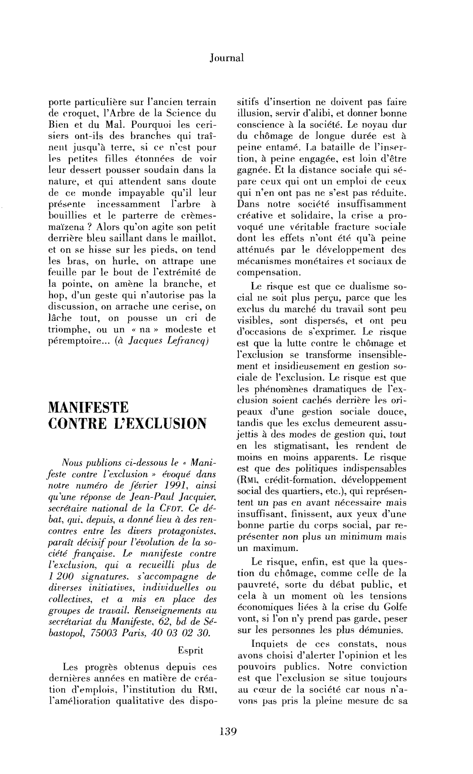Réponse au manifeste contre l’exclusion (précédée du texte du Manifeste)