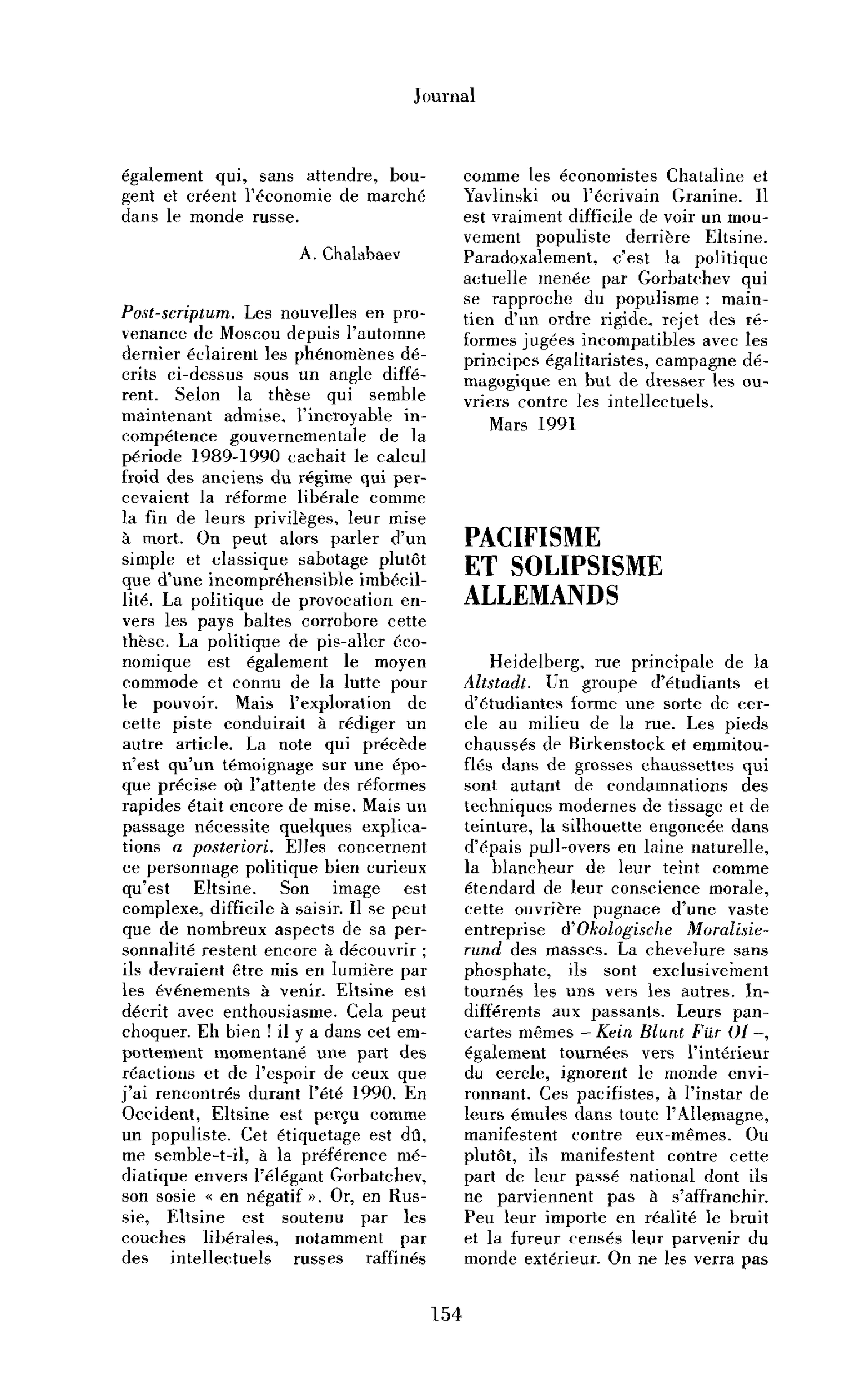 Pacifisme et solipsisme allemands