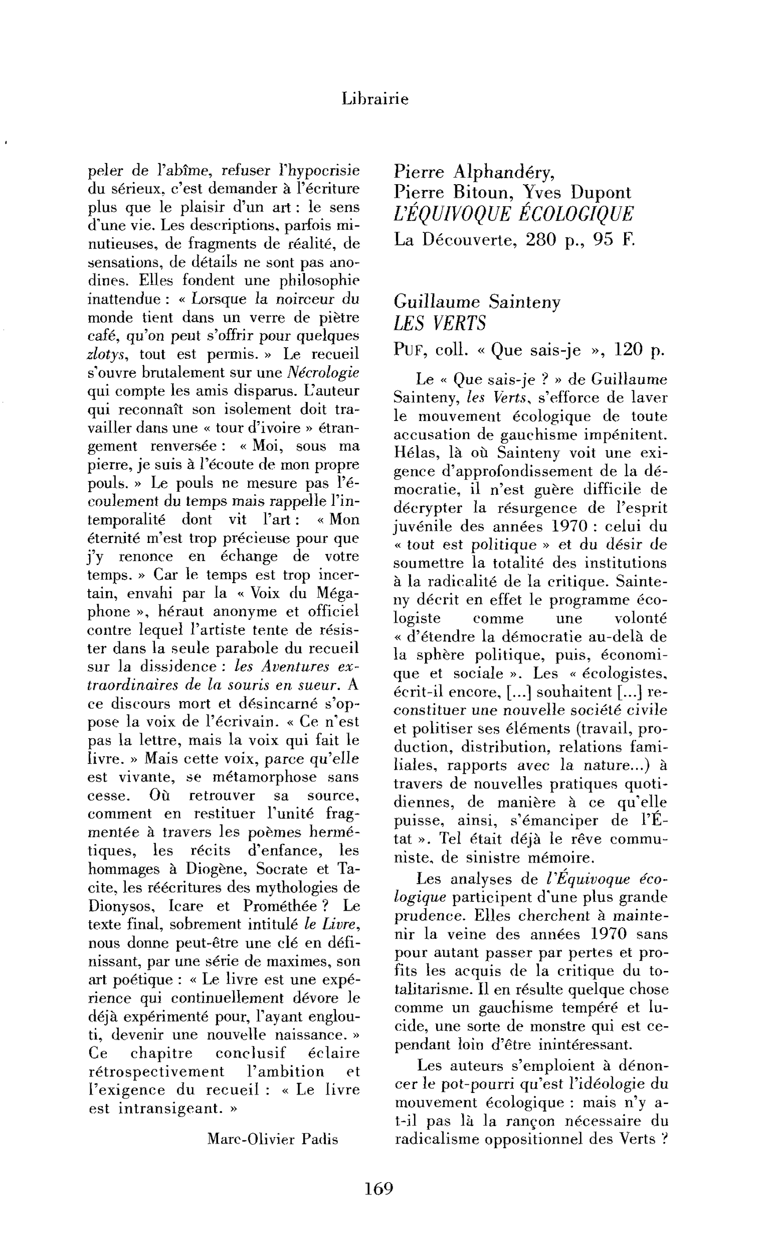 « Pierre Alphandéry, Pierre Bitoun et Yves Dupont : l’Équivoque écologique ; Guillaume Sainteny : les Verts »