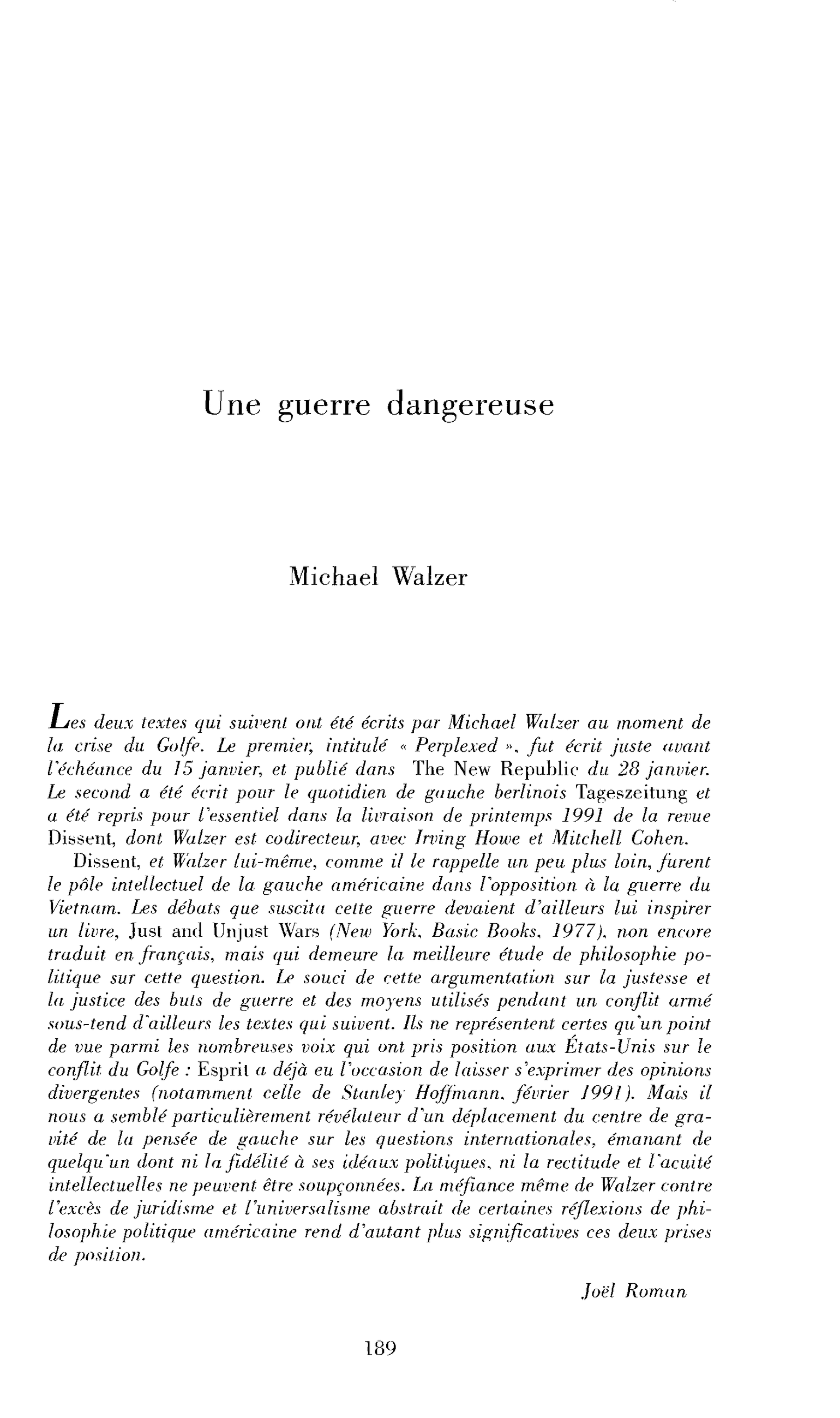 Une guerre dangereuse