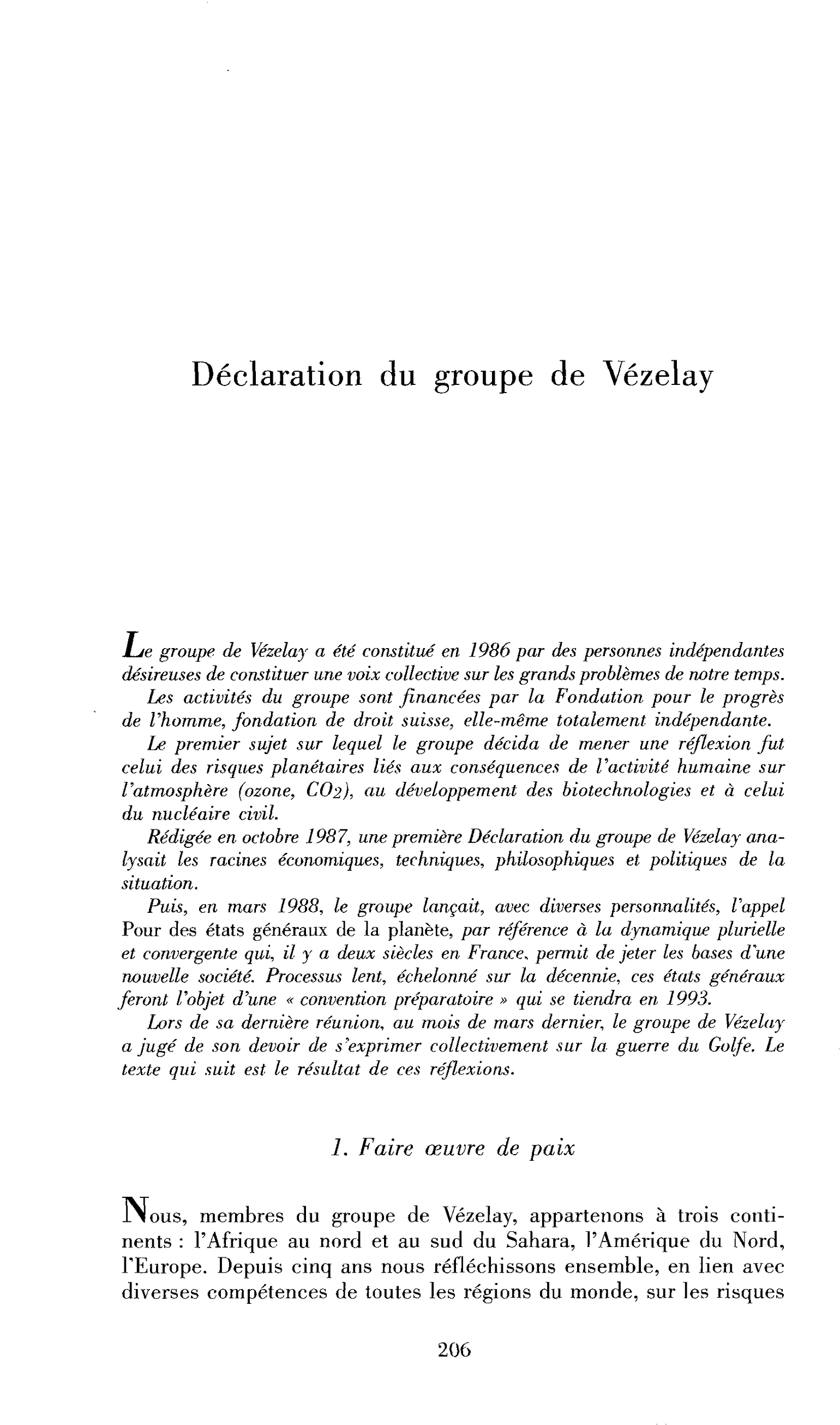 Déclaration du groupe de Vézelay sur la guerre du Golfe