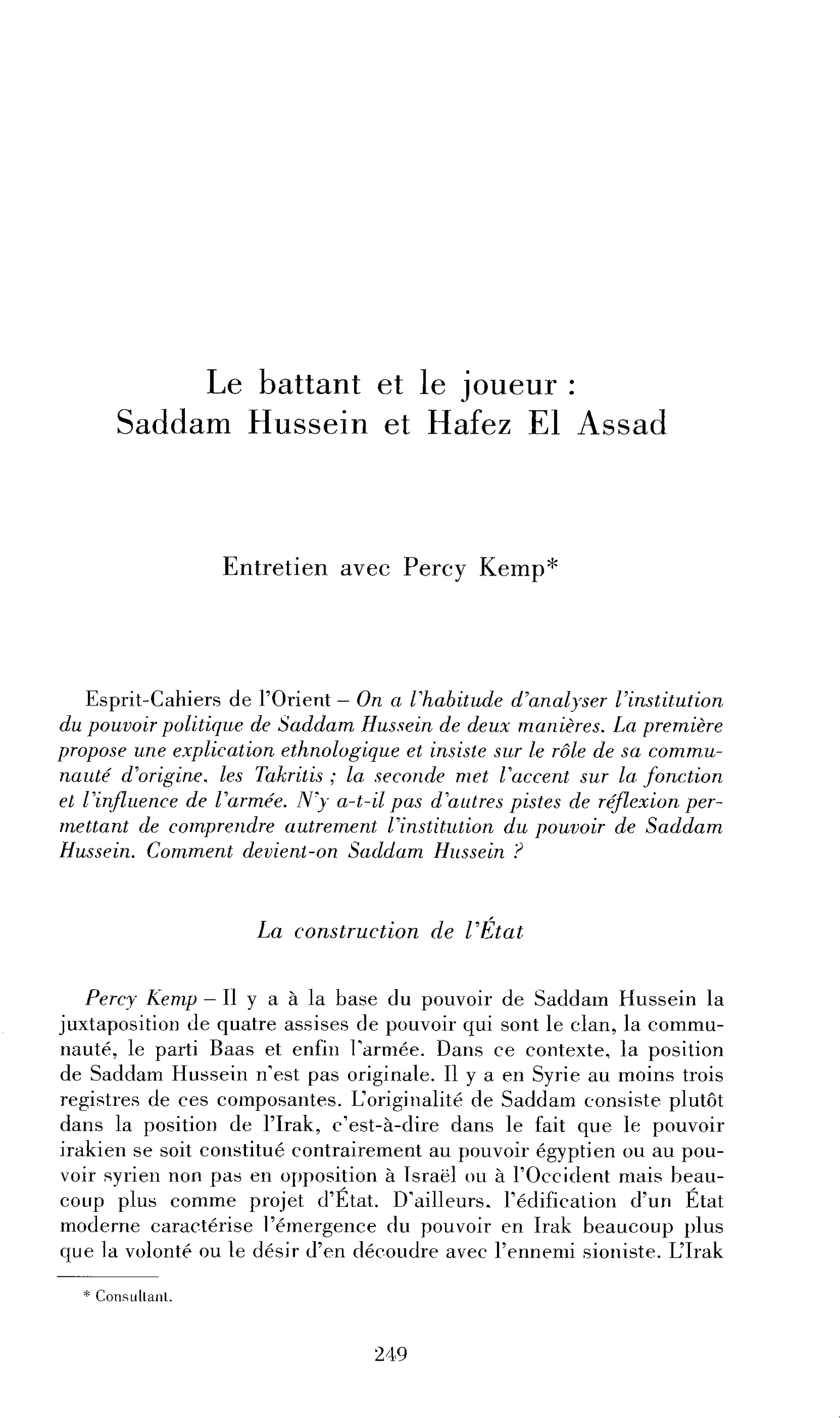 Le battant et le joueur : Saddam Hussein et Hafez El Assad