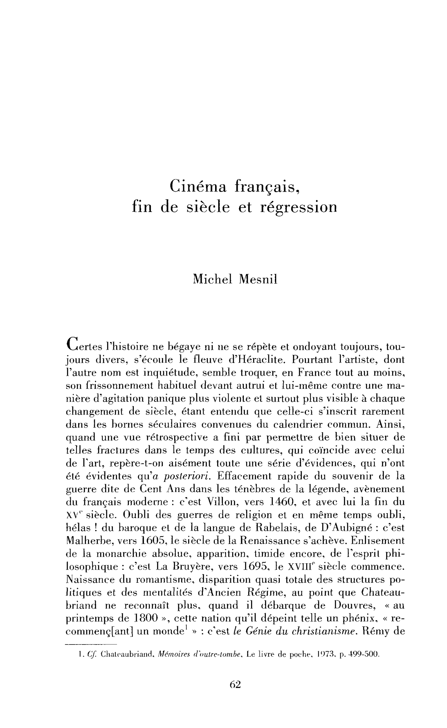 Cinéma français, fin de siècle et régression
