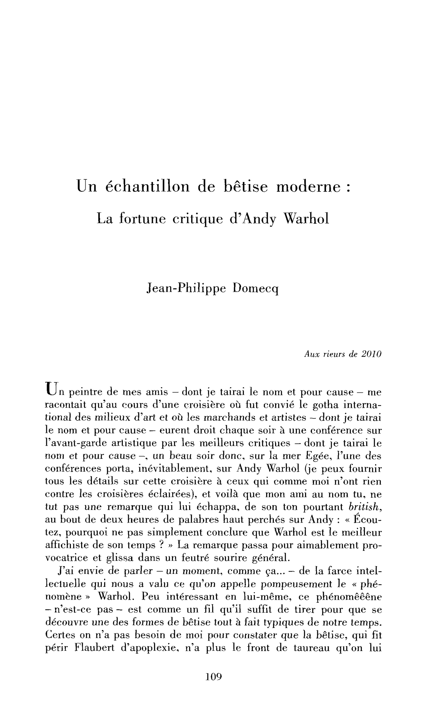 Un échantillon de bêtise moderne. La fortune critique d’Andy Warhol
