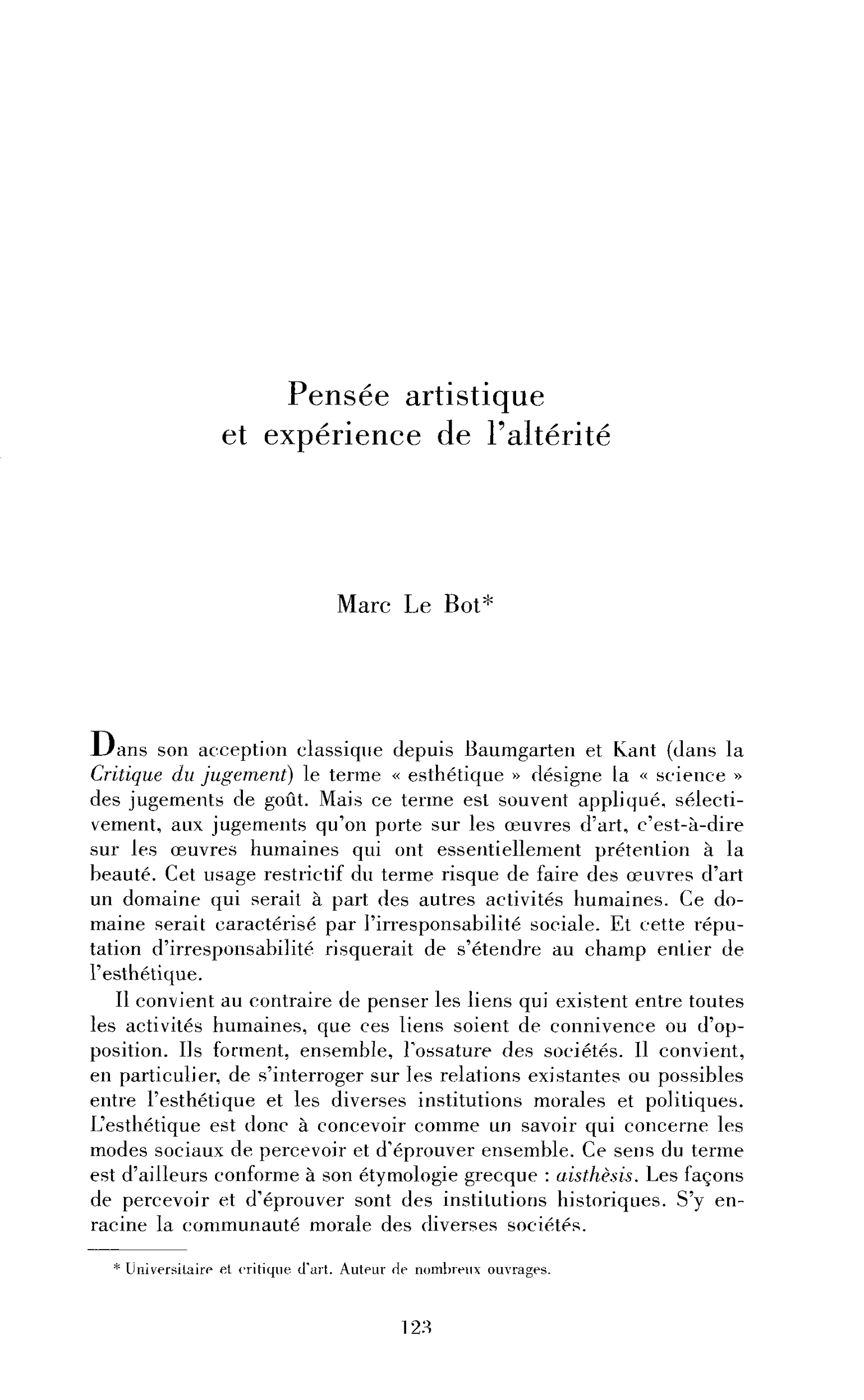 Pensée artistique et expérience de l’altérité