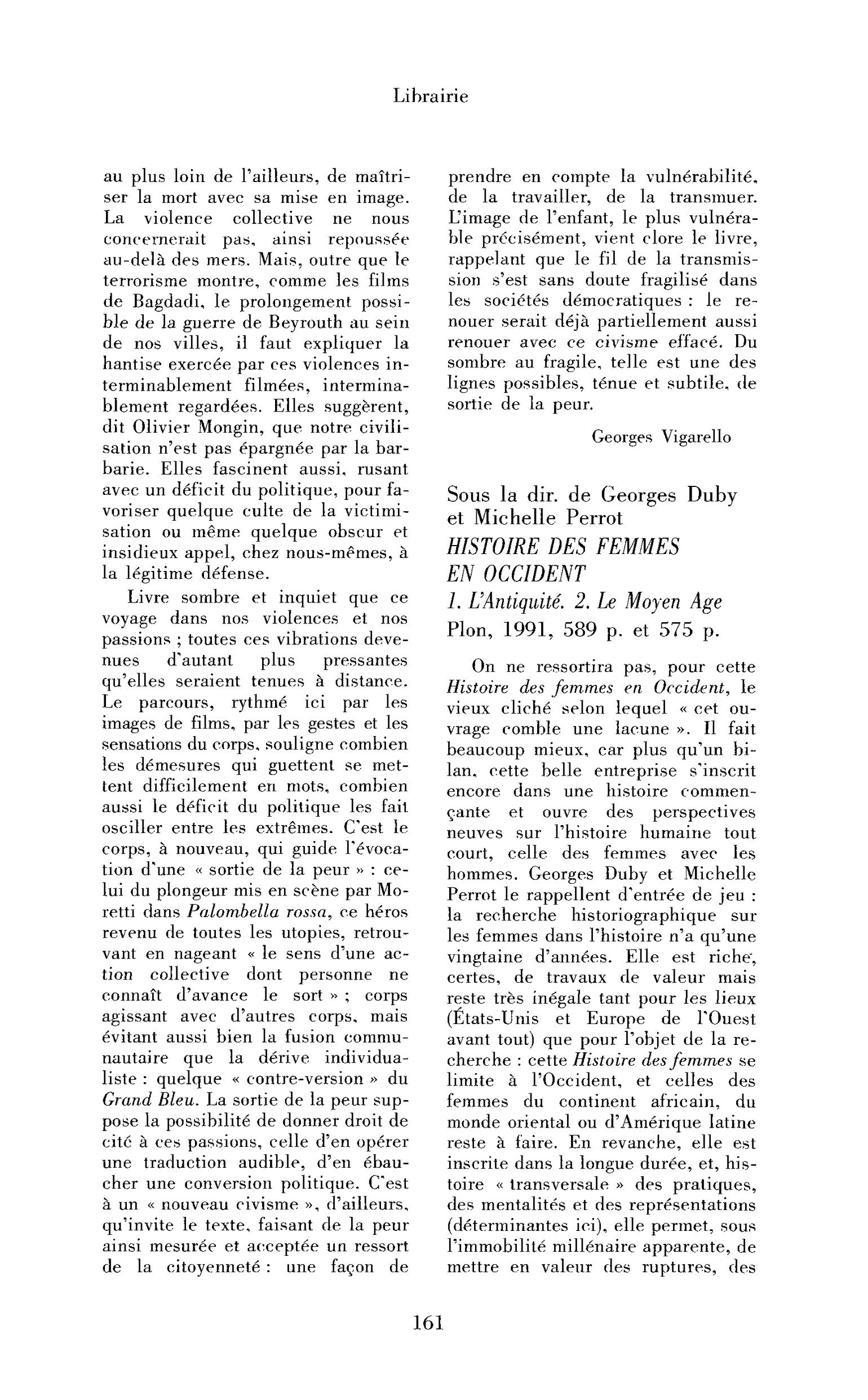 Sous la direction de Georges Duby et Michelle Perrot : Histoire des femmes en Occident