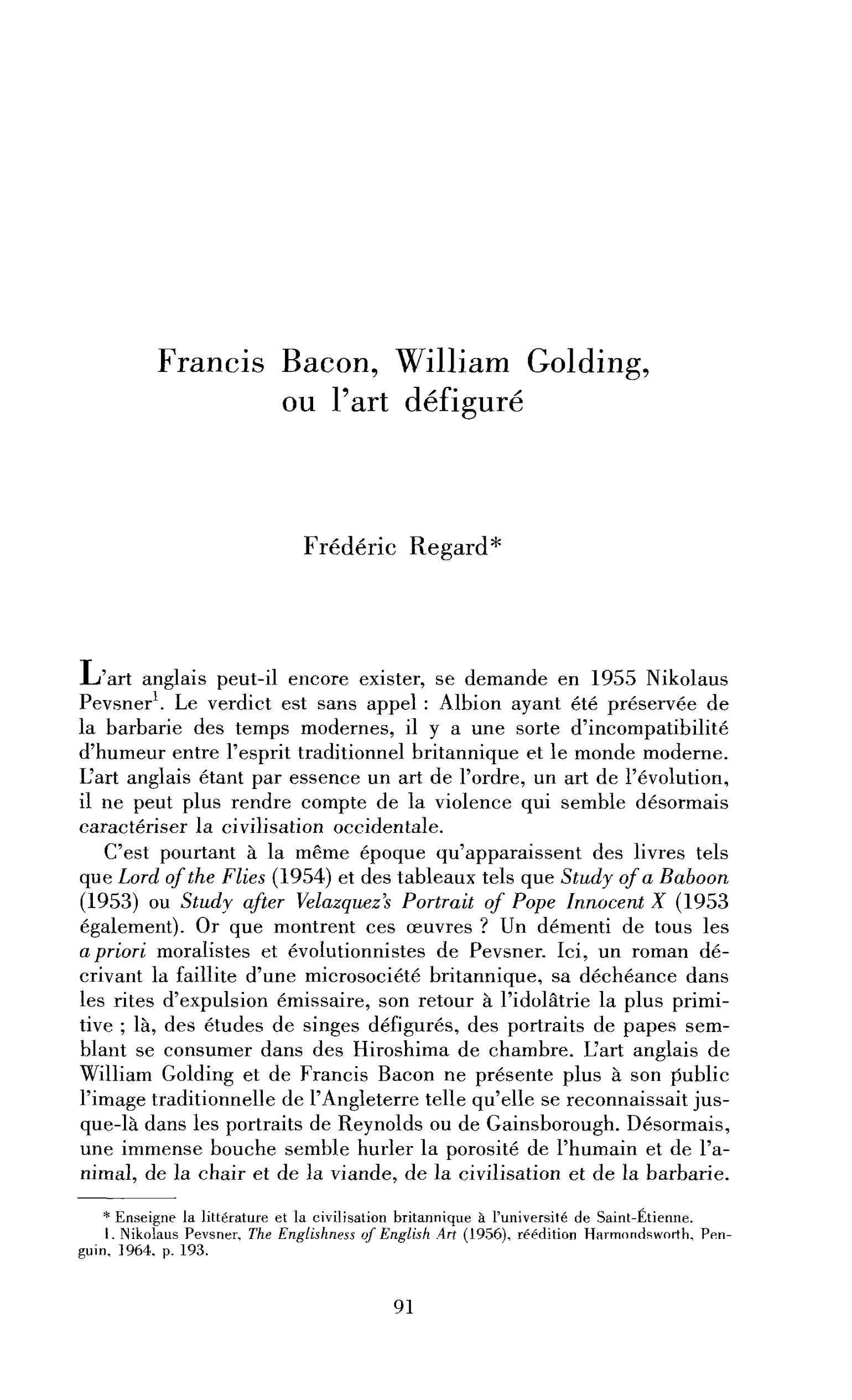 Francis Bacon, William Golding ou l’art défiguré