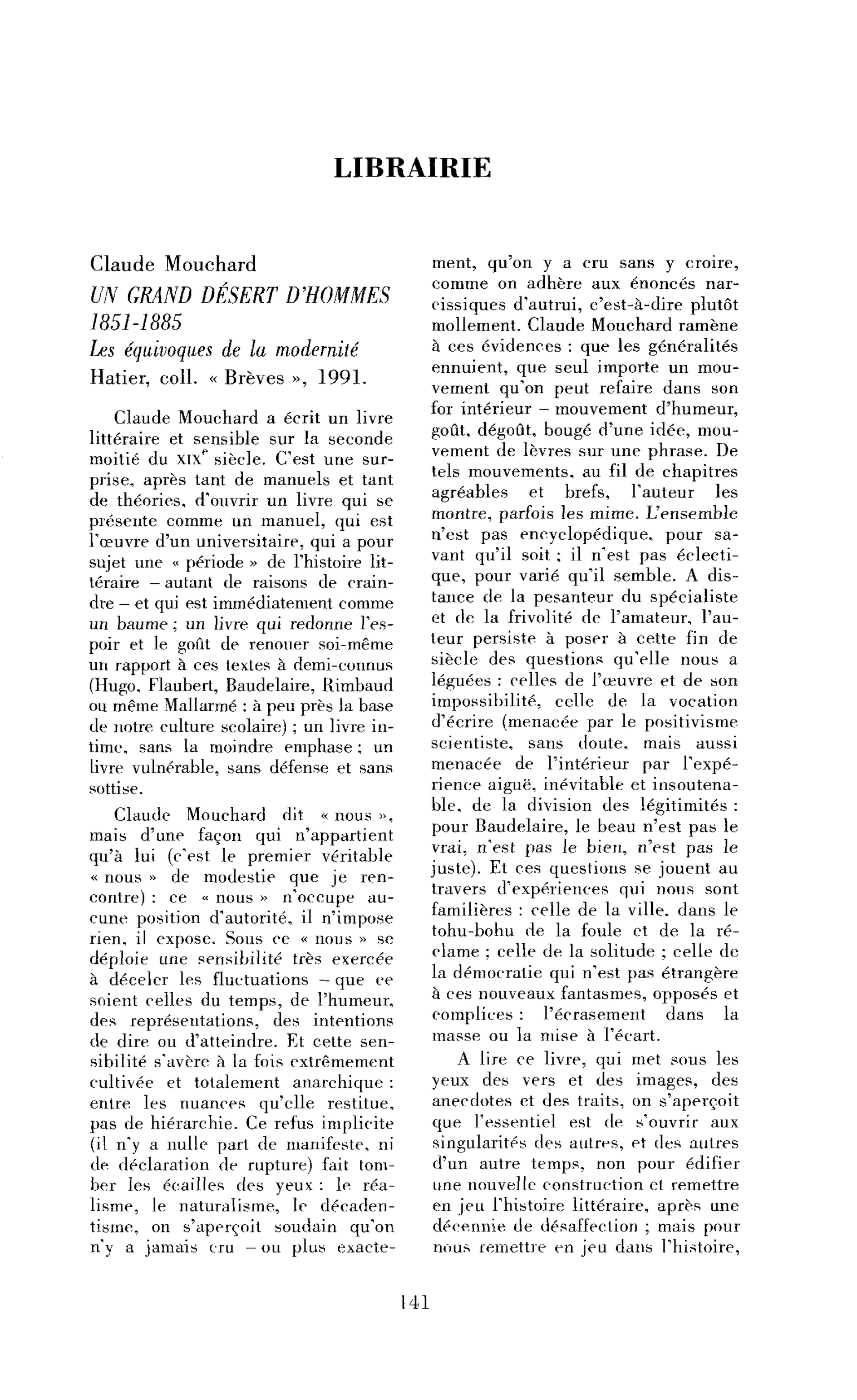 Claude Mouchard : Un grand désert d’hommes 1851-1885