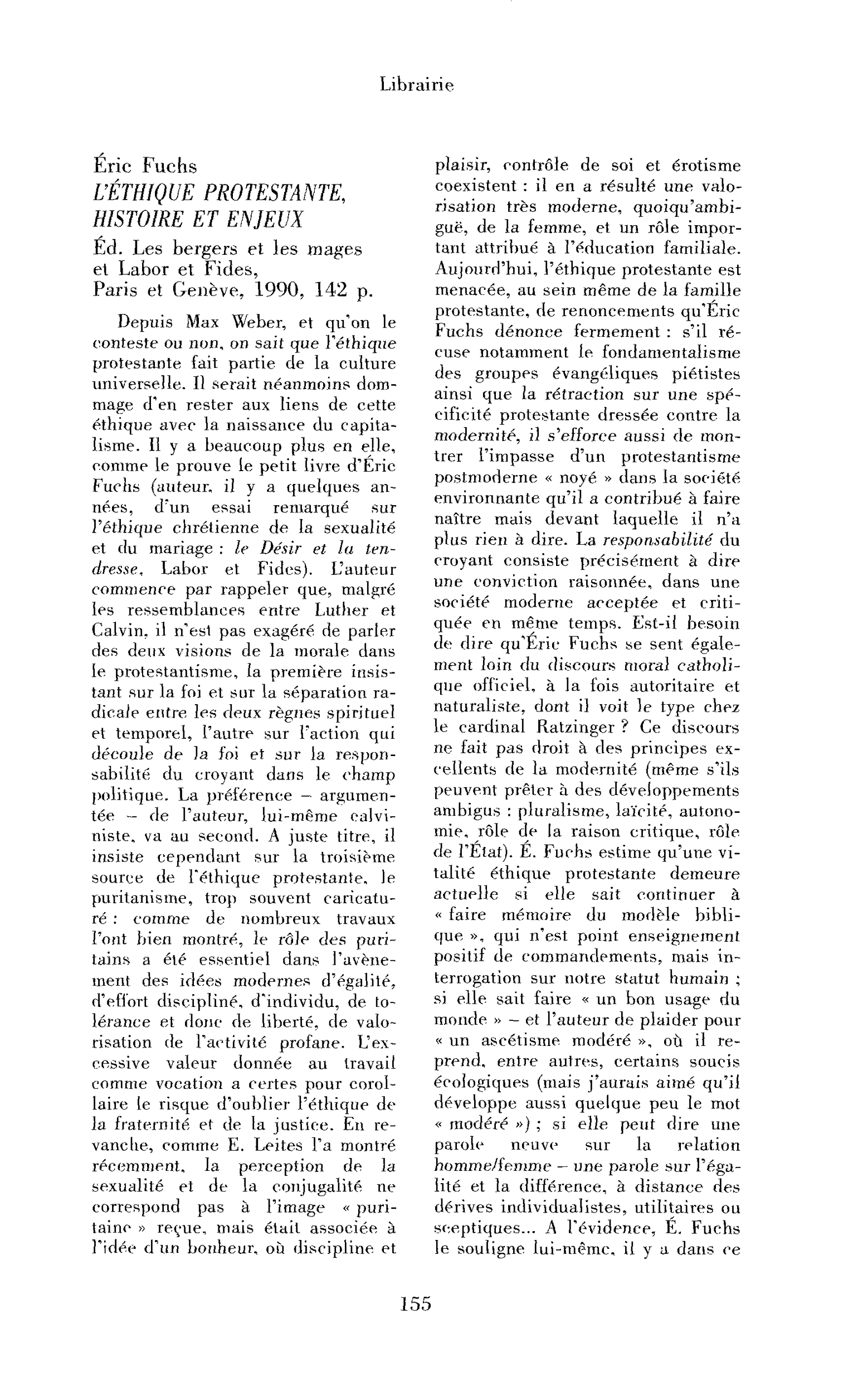 Éric Fuchs : l’Éthique protestante, histoire et enjeux