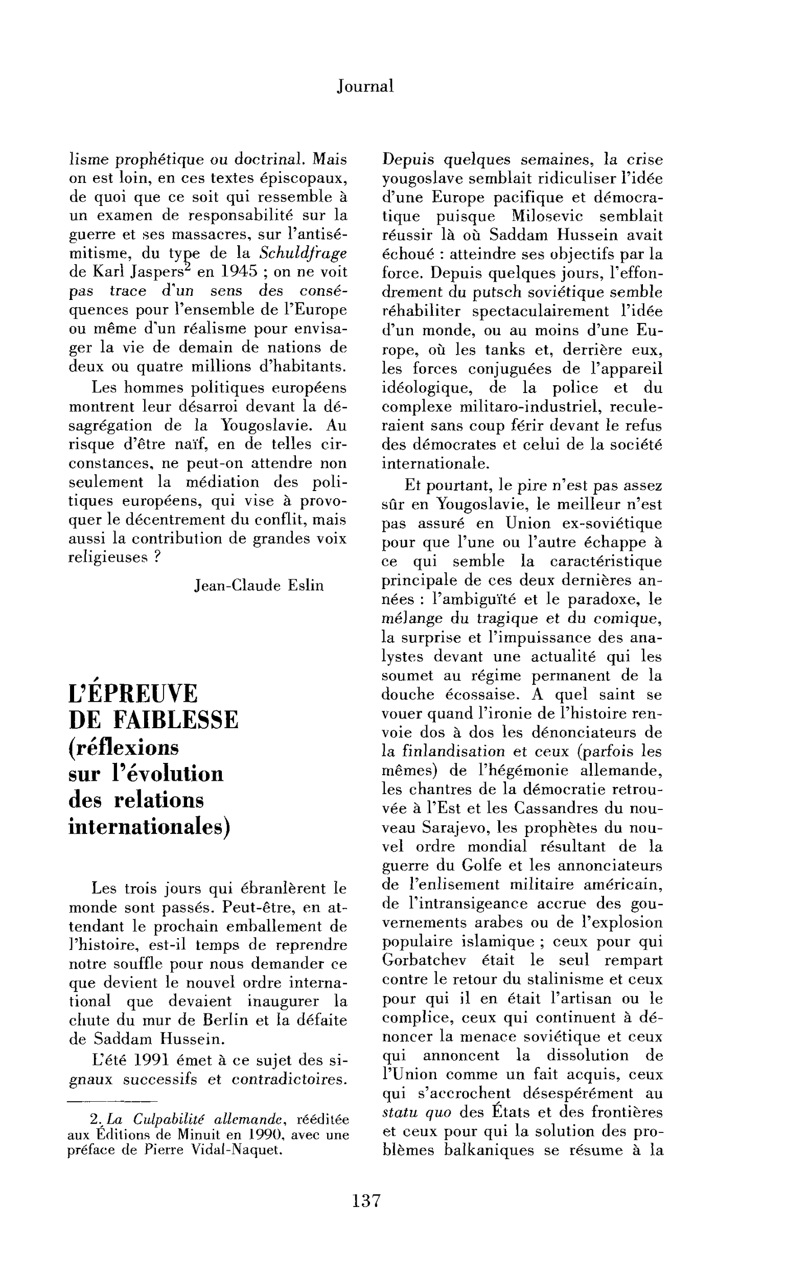 L’épreuve de faiblesse (réflexions sur l’évolution des relations internationales)