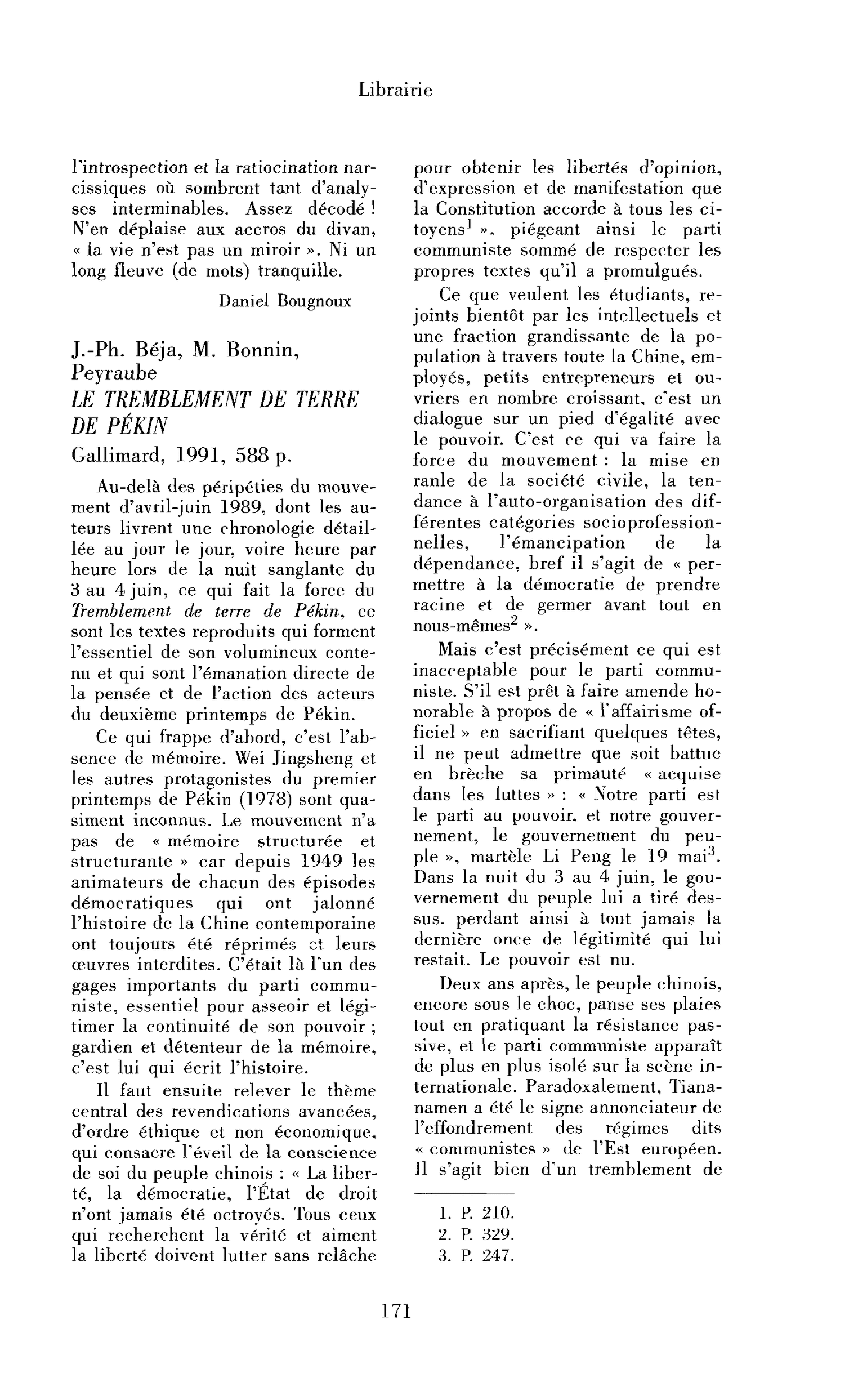 J.-Ph. Béja, M. Bonnin, Peyraube : le Tremblement de terre de Pékin